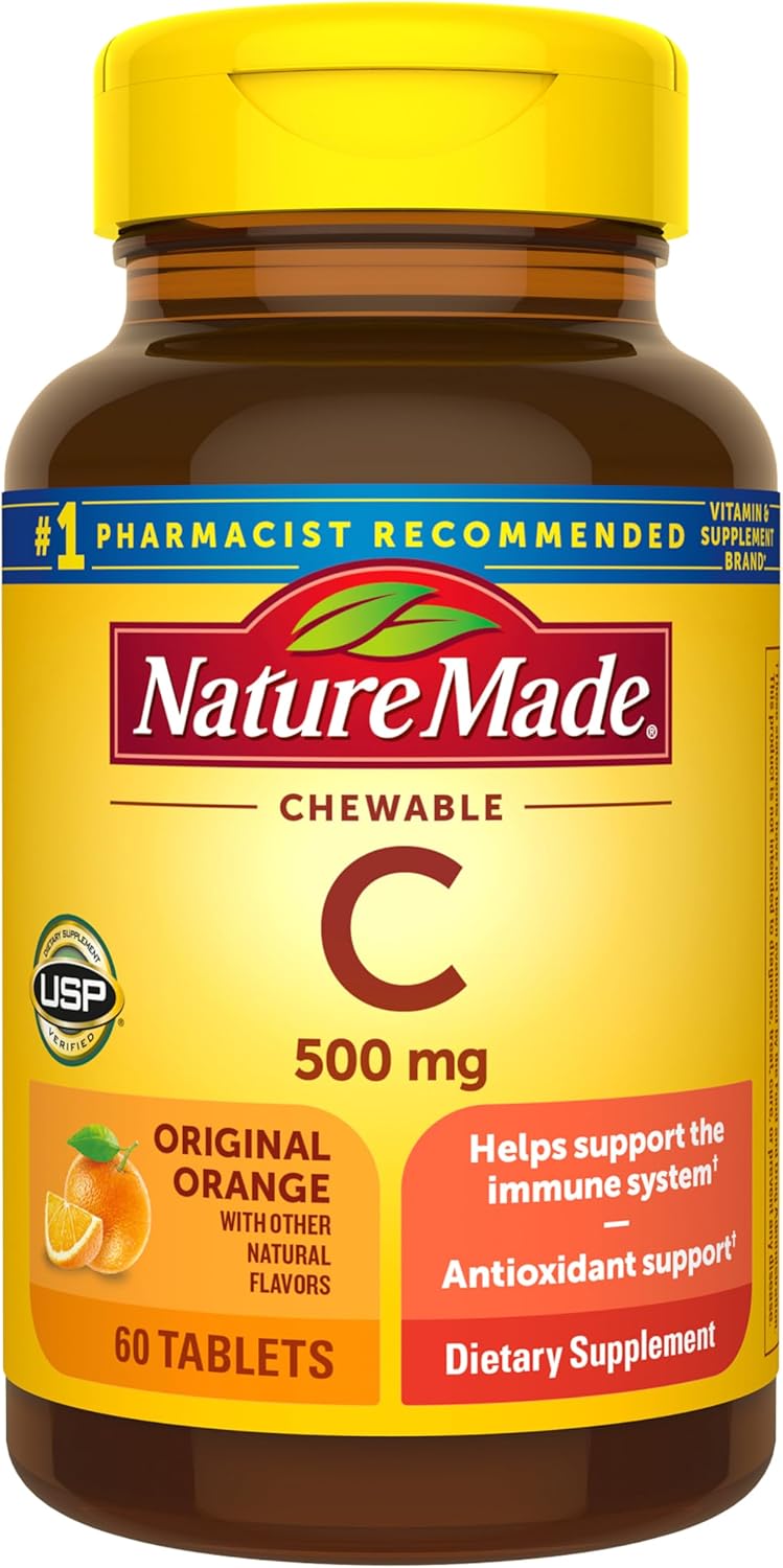 Nature Made Vitamin C 500 mg Chewable Tablets, Orange Flavour – Pack of 4 (240 Tablets)