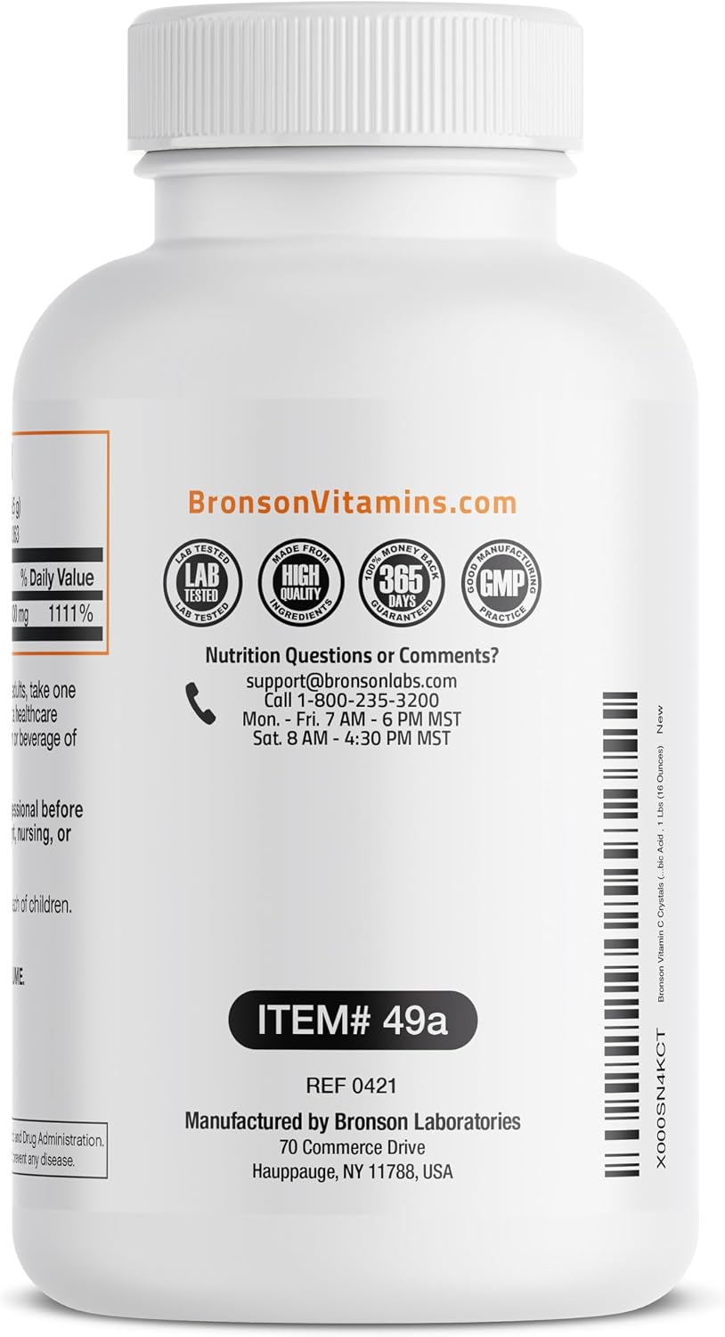 Bronson Vitamin C Powder – Pure Ascorbic Acid, Non-GMO, Fine Crystals – 454 g (1 lb)