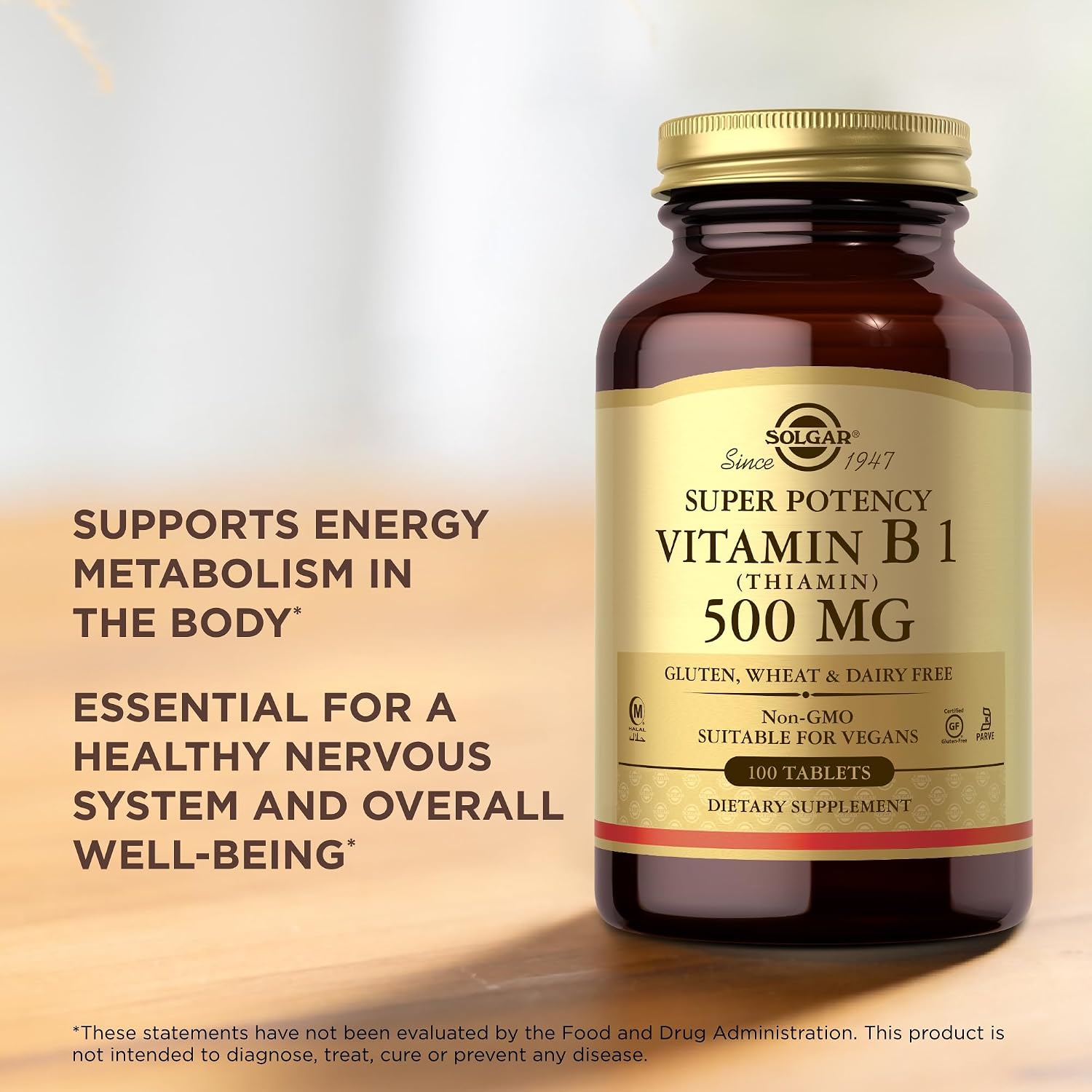 Solgar Vitamin B1 (Thiamin) 500 mg, 100 Tablets – Super Potency, Non-GMO, Vegan, Gluten Free, Kosher, Halal