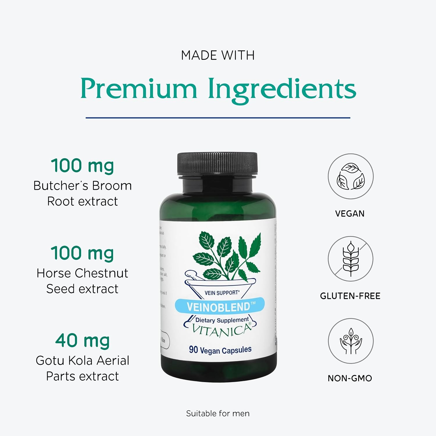 Vitanica VeinoBlend - Circulation Support for Vein & Capillary Health - Vegan - 90 Capsules