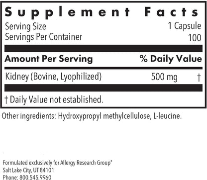 Allergy Research Group ARG Kidney Beef - Kidney Glandular Supplement - Freeze-Dried Organ Extract - Renal & Fluid Balance Support - Lyophilized Formula - Hypoallergenic - 100 Servings - 100 Vegicaps