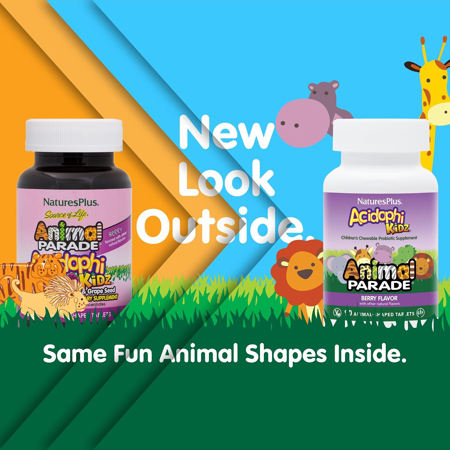 NaturesPlus Animal Parade AcidophiKidz - Berry Flavour - 90 Chewable Tablets - Children's Probiotic with FOS & Grape Seed
