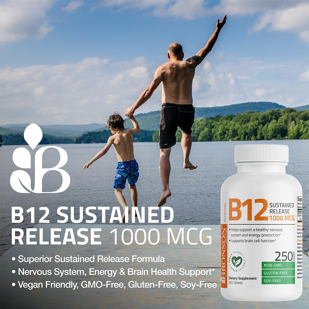 Bronson Vitamin B12 1000 mcg Sustained Release Tablets – Non-GMO, Vegan, 250 Count