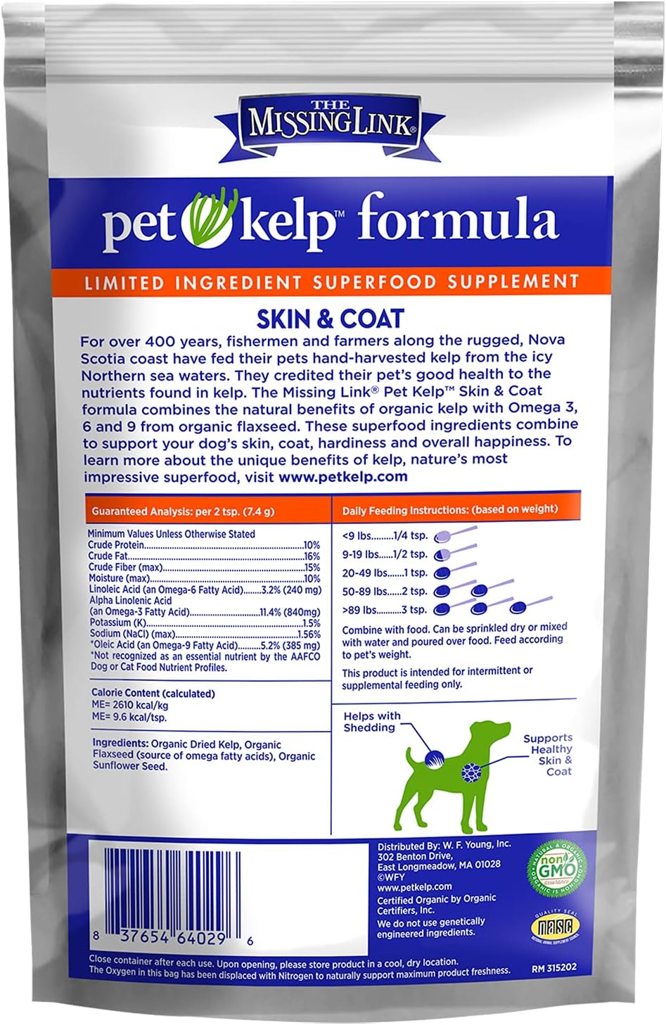 The Missing Link Pet Kelp Canine Skin & Coat 227 g (8 oz) Superfood Powdered Supplement, Organic & Limited Ingredient Formula for Dogs