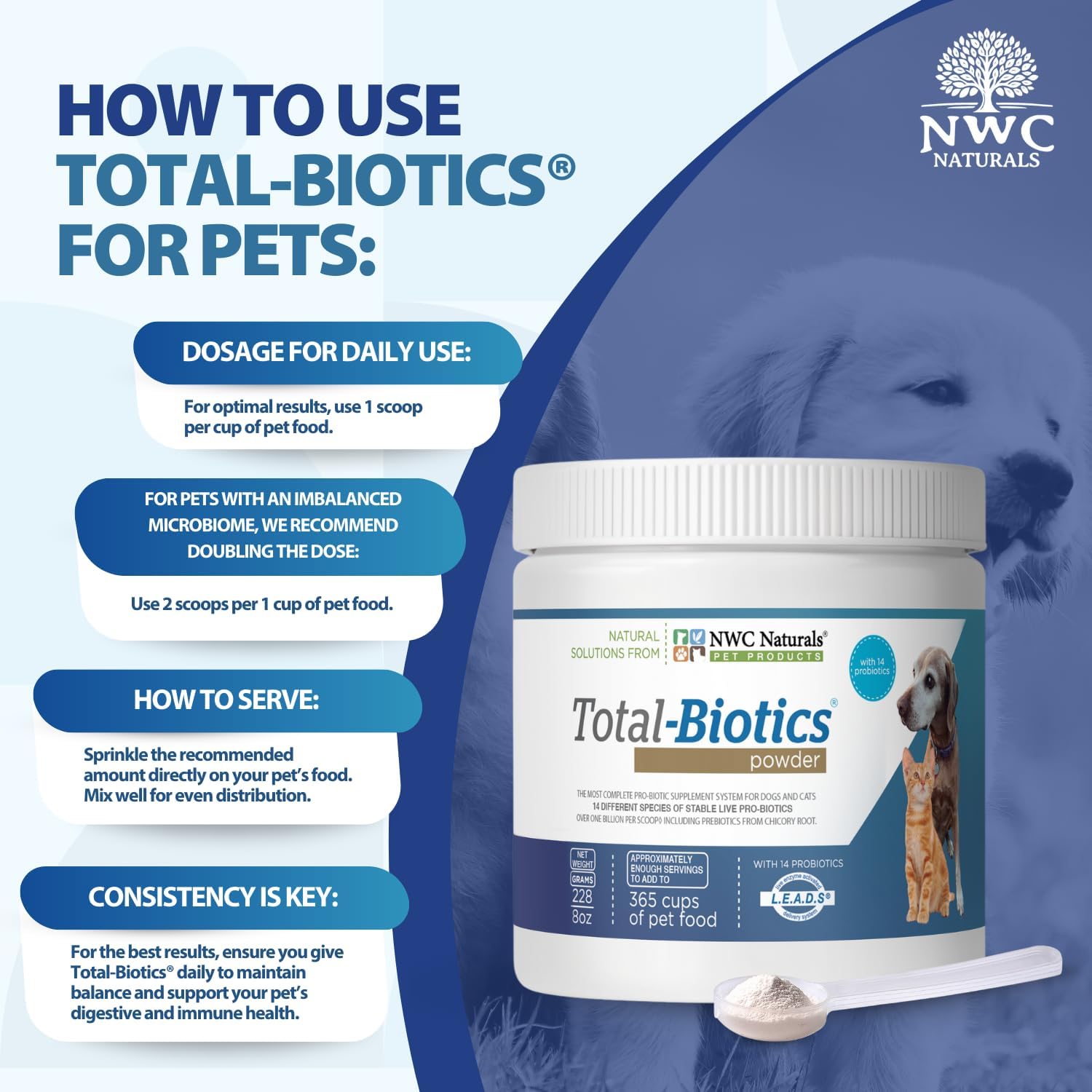 NWC Naturals Total-Biotics Probiotic for Dogs and Cats – Unflavoured Powder, 227 g (365 Servings)