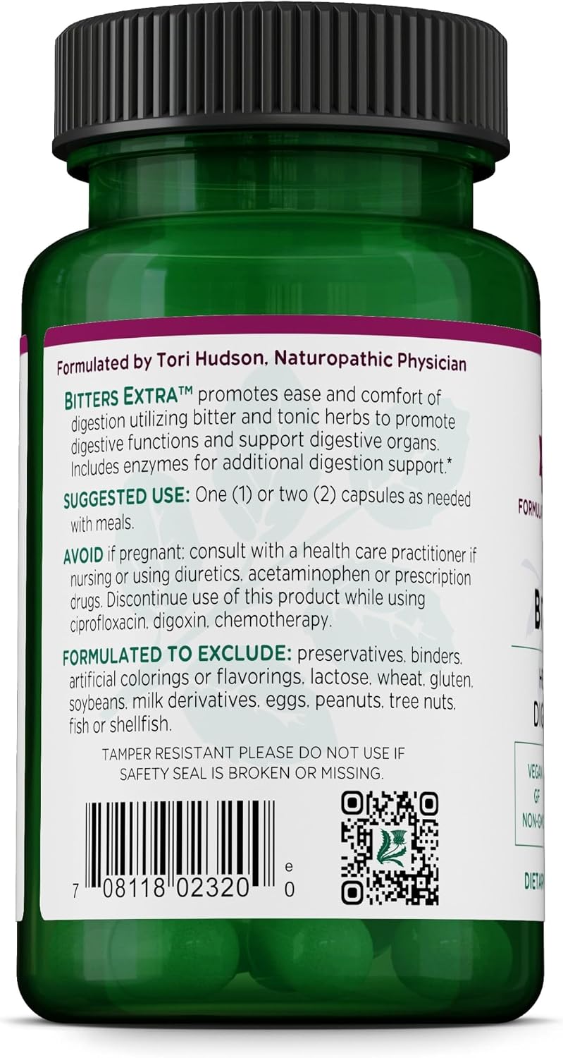 Vitanica Bitters Extra - Digestion Support Supplement with Dandelion Root, Ginger, Turmeric and Plant Enzymes - Vegan - 30 Capsules