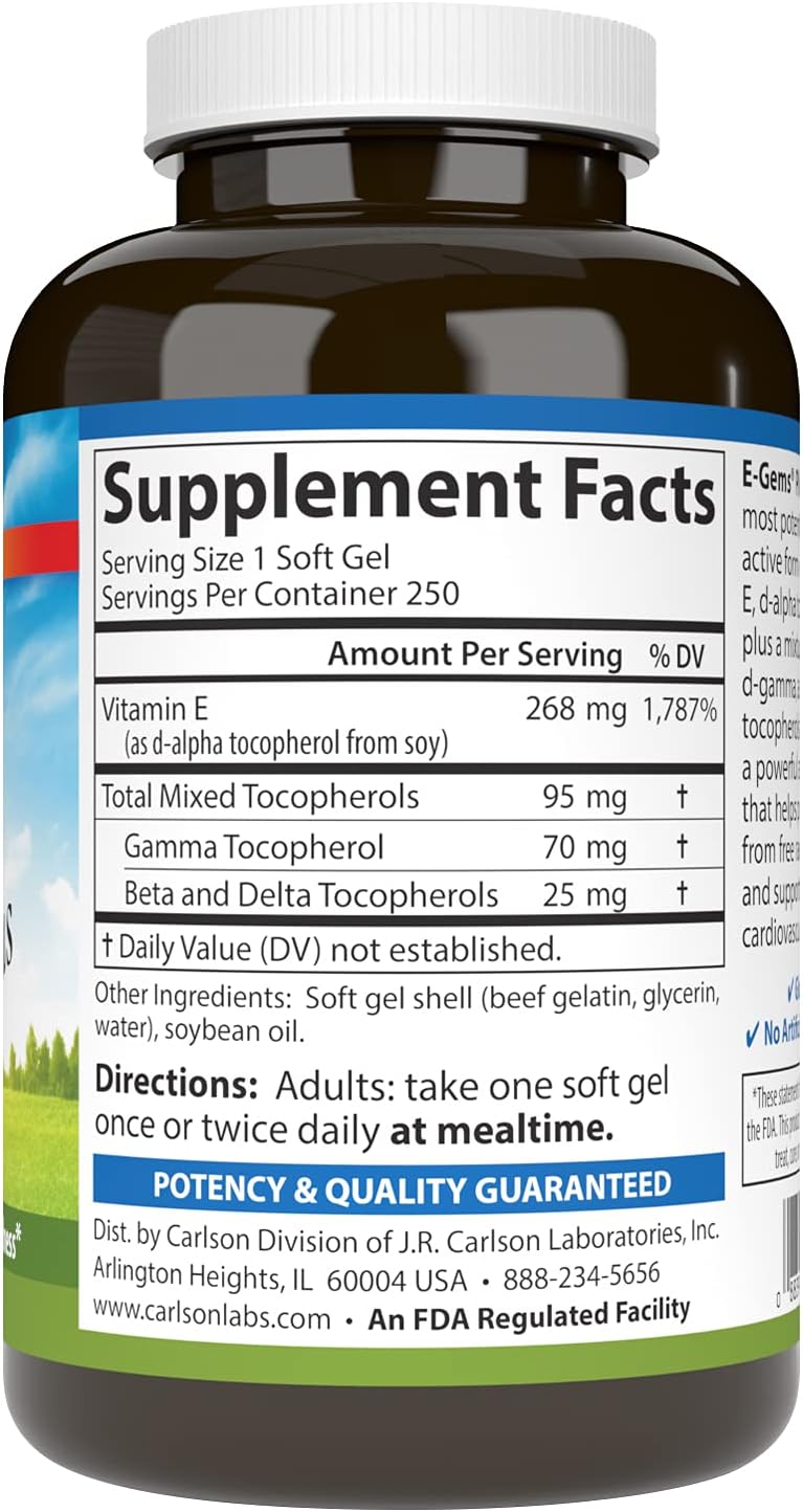 Carlson E-Gems Plus - Natural Vitamin E 400 IU, 250 Softgels