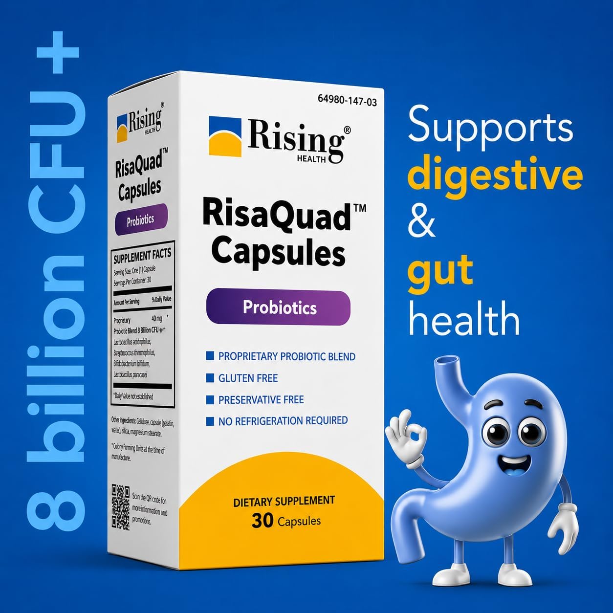 Rising Health RisaQuad™ Probiotic Capsules – 8 Billion CFU for Digestive Health, 30 Capsules