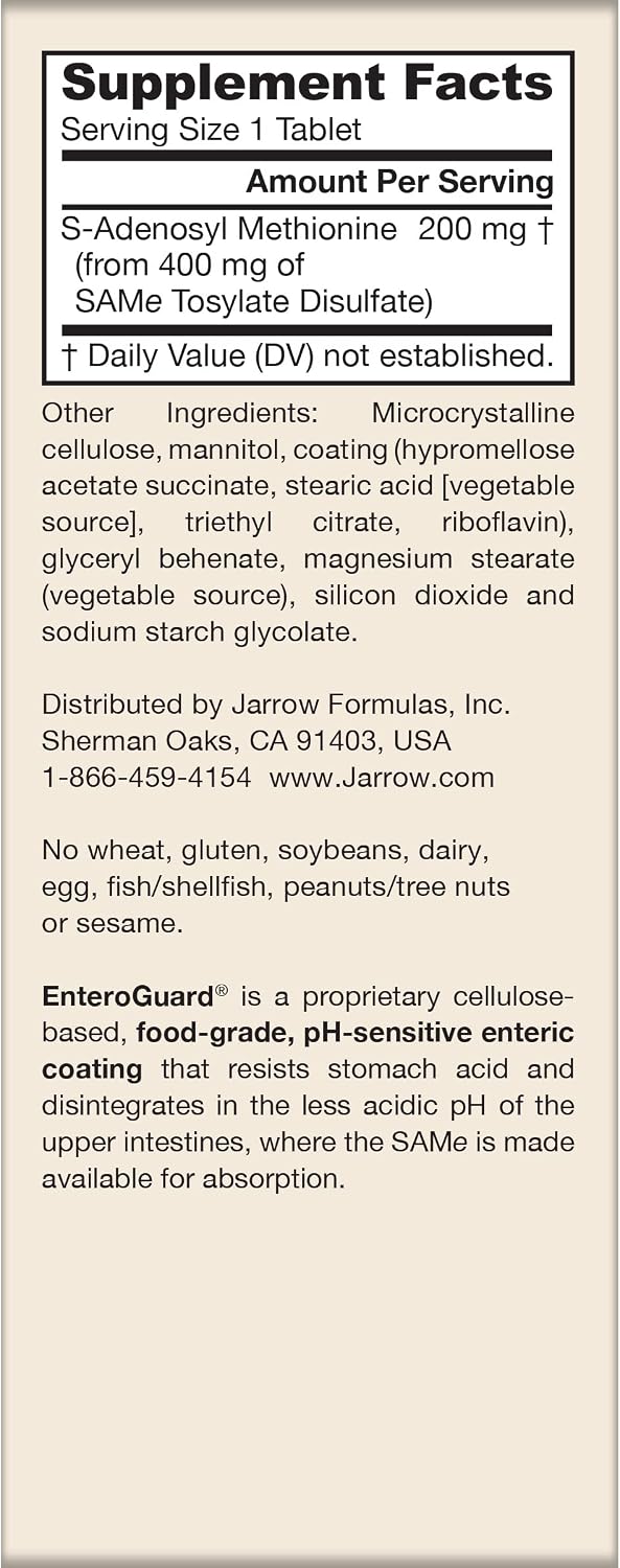 Jarrow Formulas SAMe 200 mg – Joint Support, Liver Health, and Brain Function, 20 Enteric-Coated Tablets