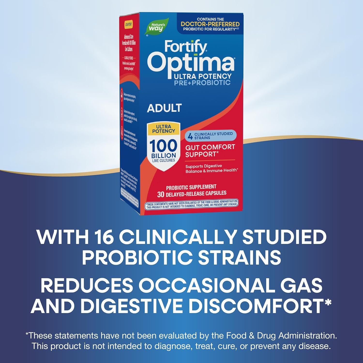 Nature's Way Fortify Optima Probiotic for Adults, 100 Billion Live Cultures, 16 Strains, Helps Maintain Digestive and Immune Health*, Plant-Based Prebiotic Fiber, 30 Capsules (Packaging May Vary)