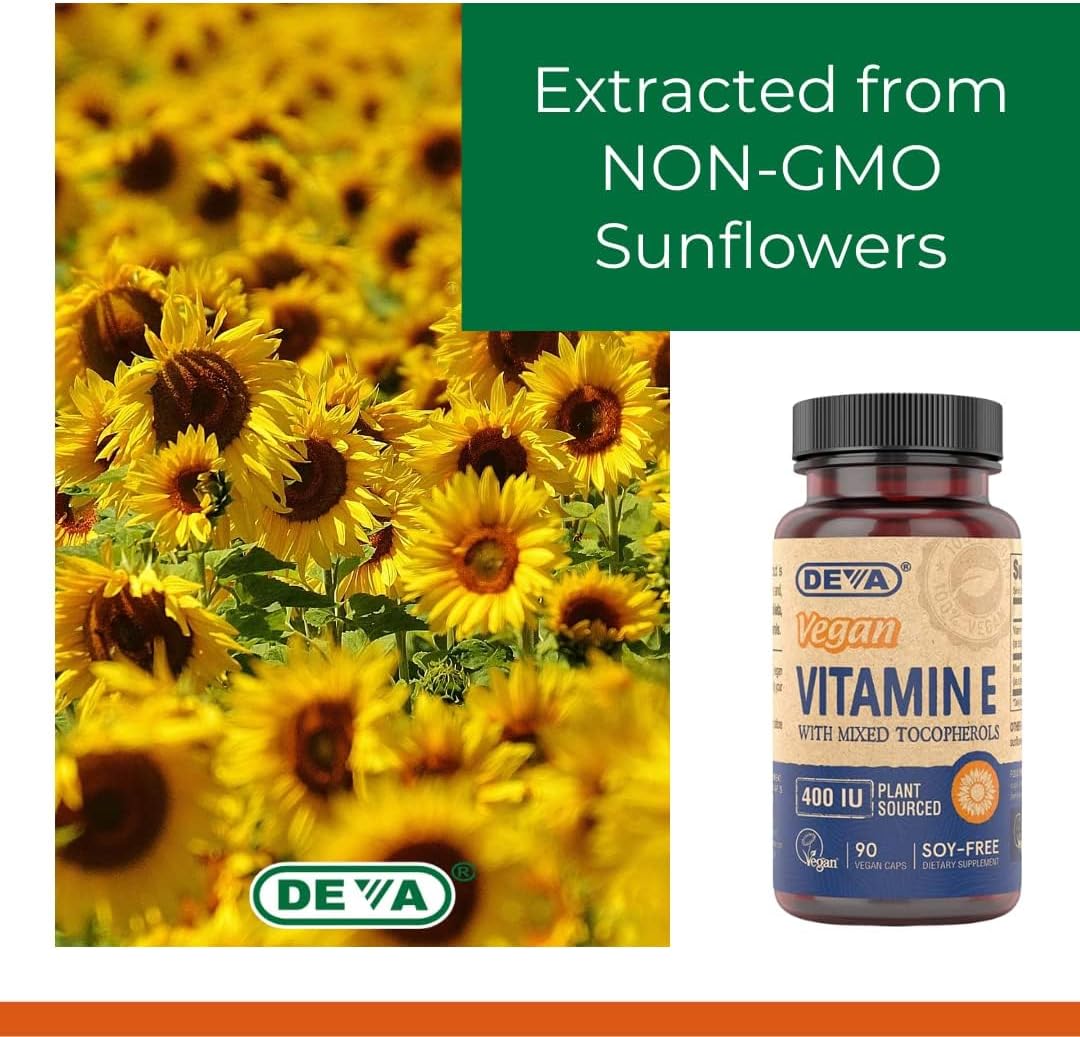 DEVA Vegan Natural Source Vitamin E 400 IU with Mixed Tocopherols, Soy-Free – 90 Veg Caps (Pack of 2)