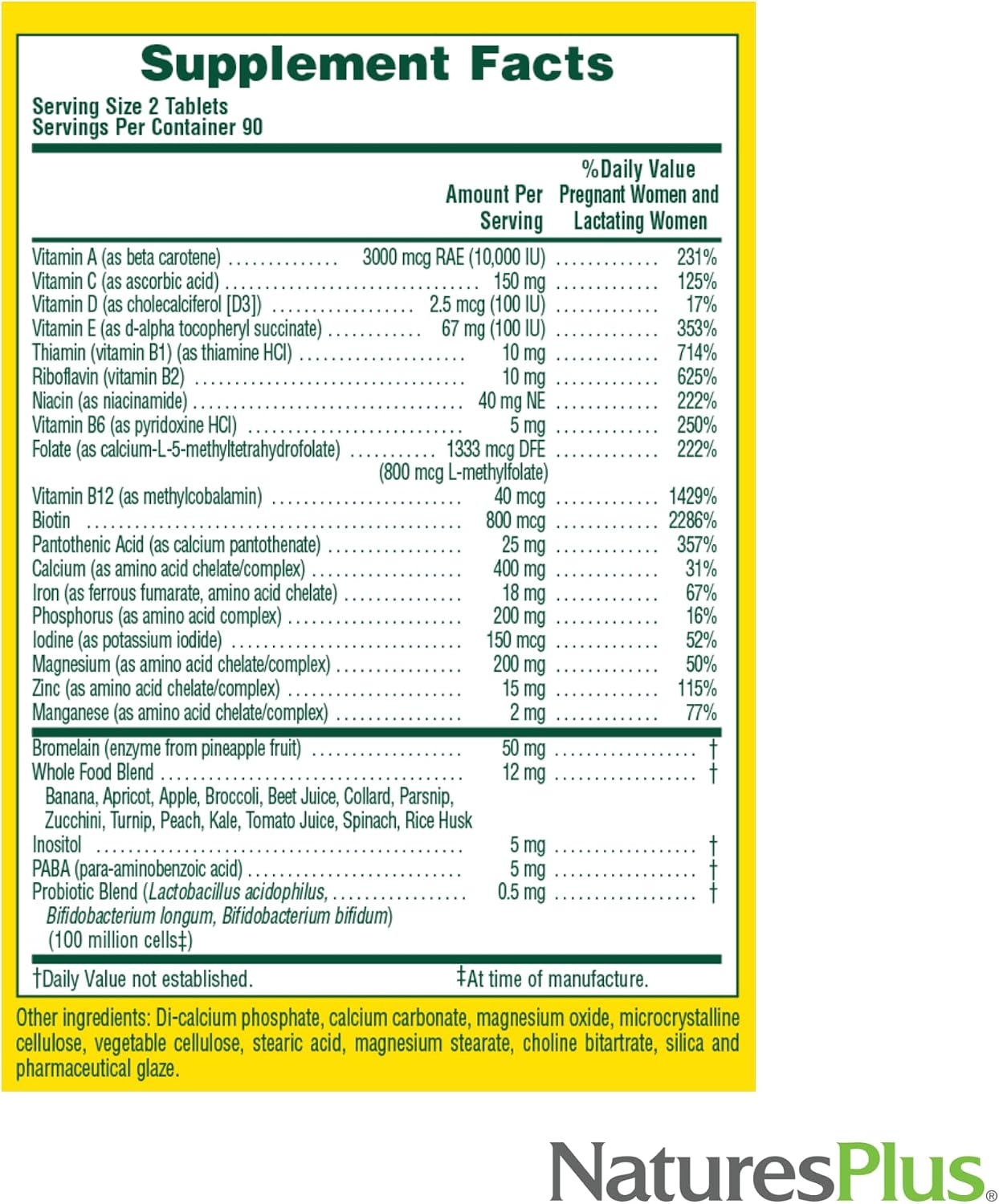 NaturesPlus Source of Life Prenatal – 180 Tablets – Multivitamin & Mineral Supplement with Iron – Nutritional Support for Pregnancy – Gluten Free, Vegetarian – 90 Servings