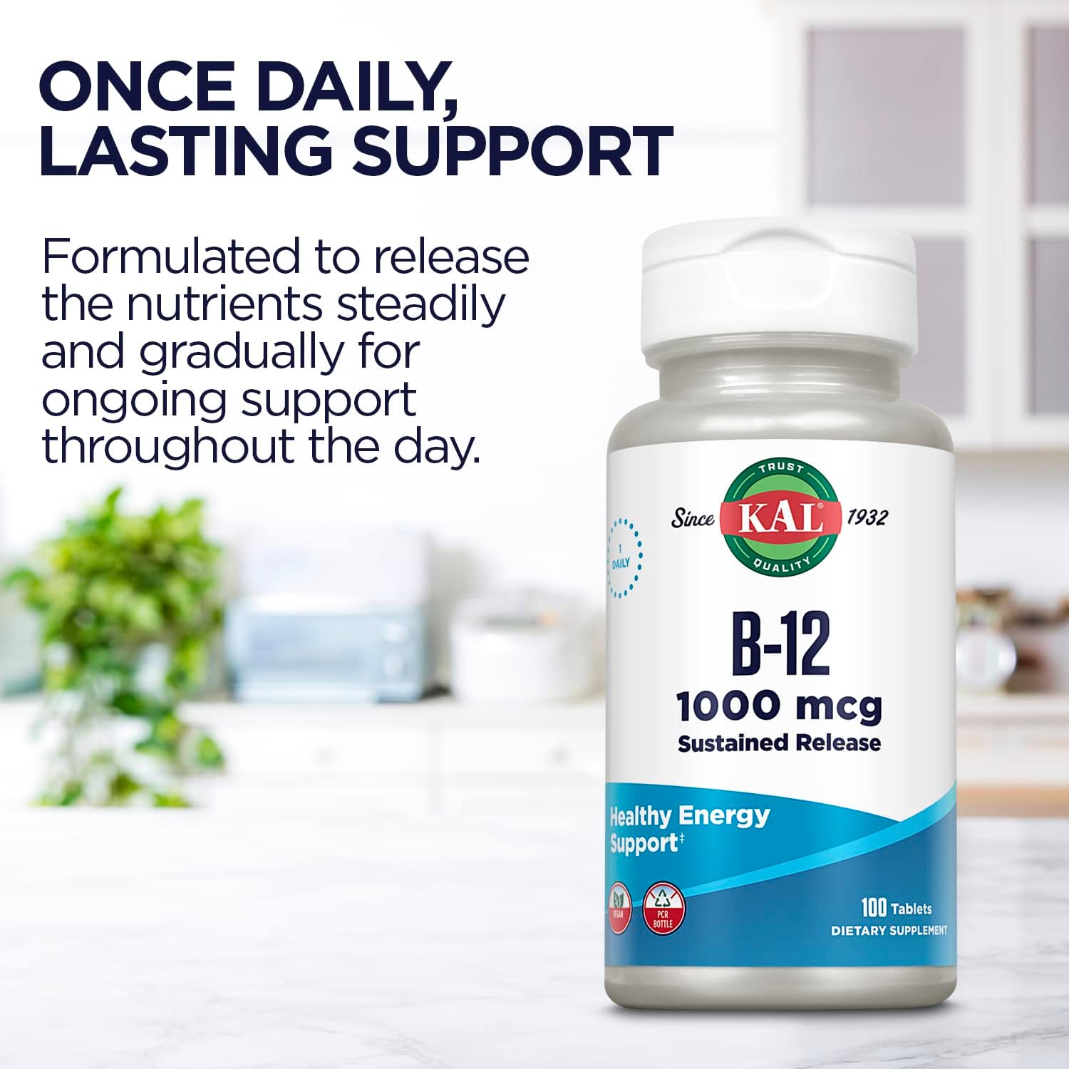 KAL Vitamin B12 1000mcg Sustained Release Tablets - Vegan, Energy Support, 100 Tablets