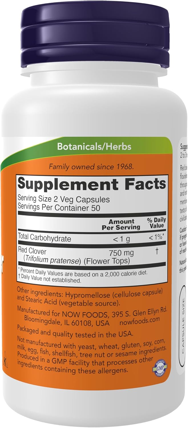 NOW Foods Red Clover (Trifolium pratense), 375 mg, 100 Vegetable Capsules