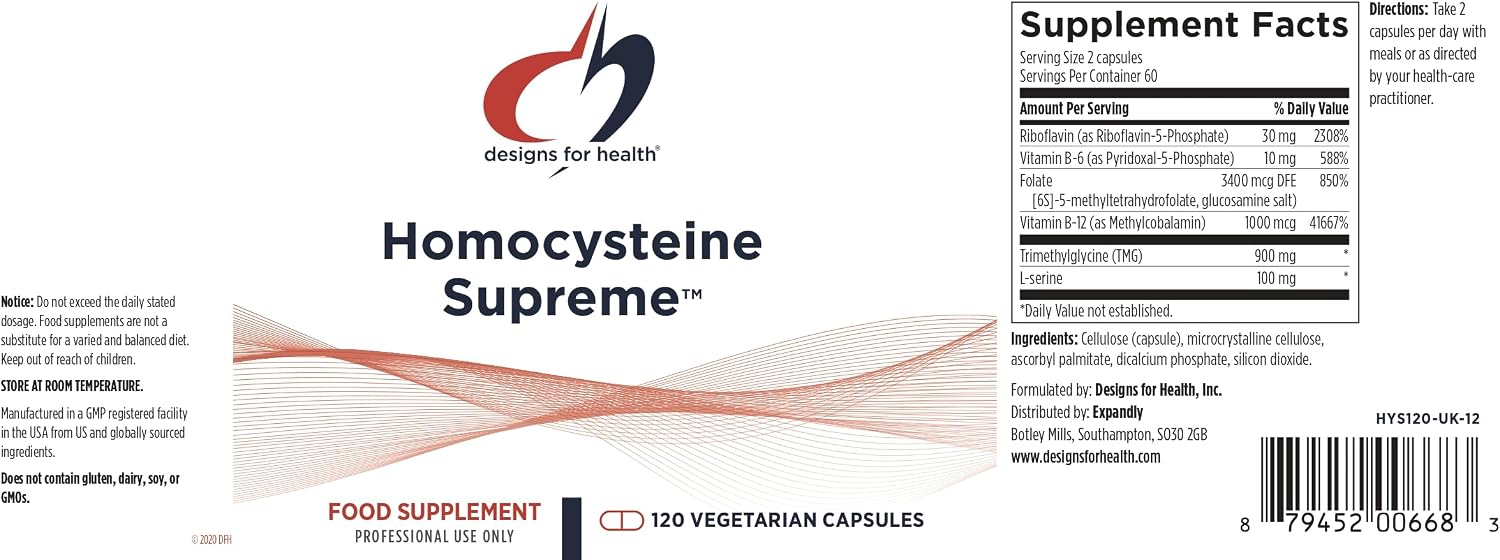 Designs for Health Homocysteine Supreme – Methylated B Vitamin Complex with Folate, B12, TMG, and L-Serine (120 Capsules)