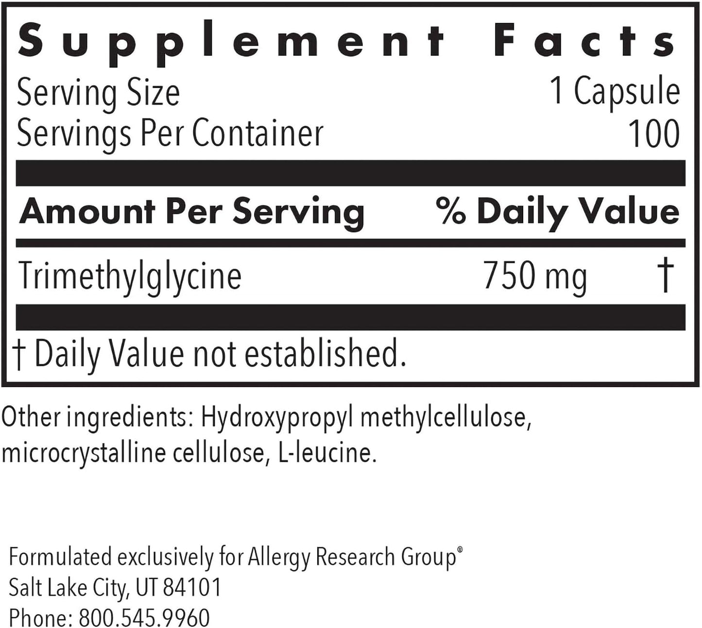 ARG TMG Trimethylglycine – 750 mg, 100 Capsules - görsel 3