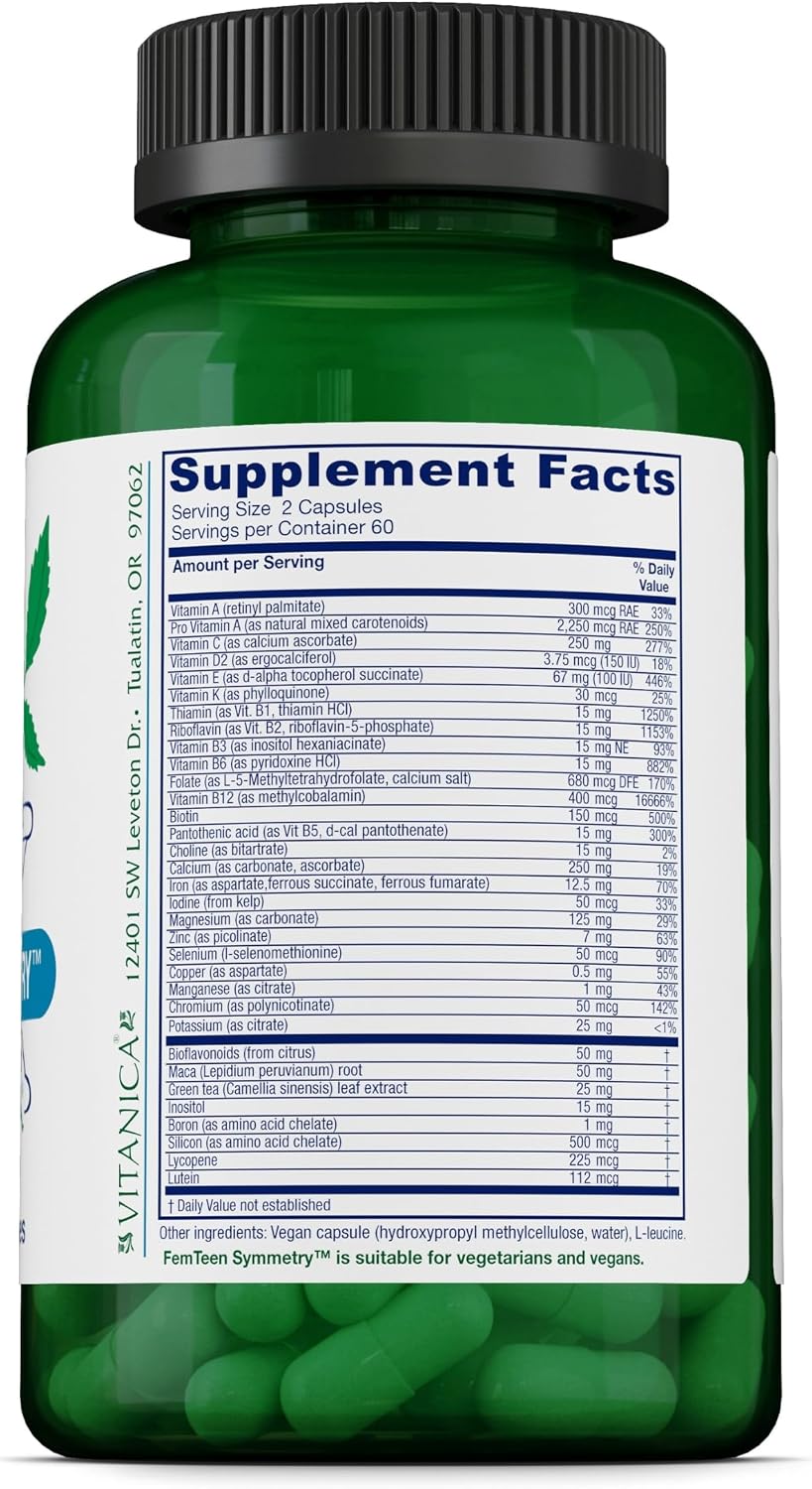 Vitanica FemTeen Symmetry, Teen Multivitamin, Vegan, 120 Capsules