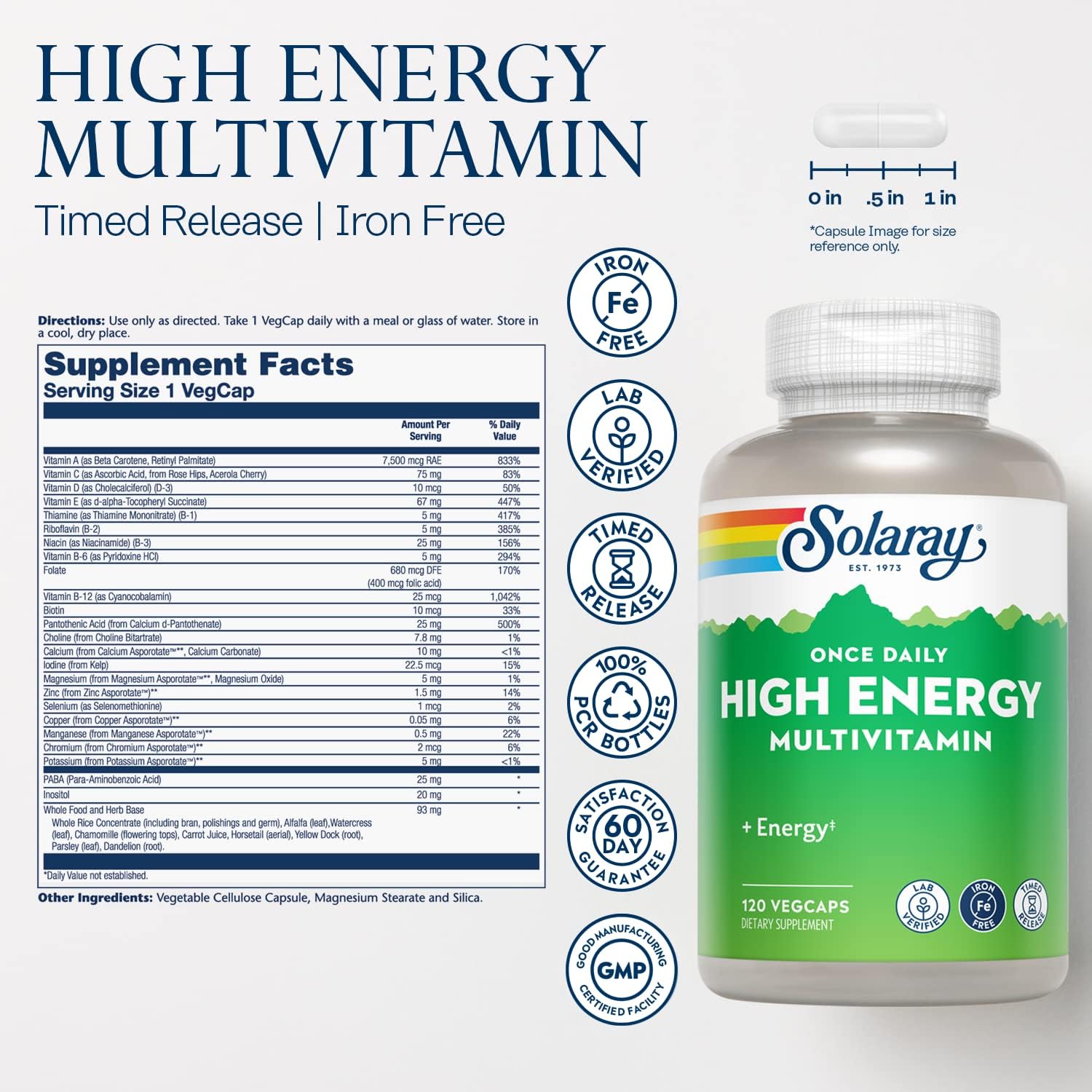 SOLARAY High Energy Multivitamin, No Iron, Timed-Release, Whole Food and Herb Base, 120 VegCaps