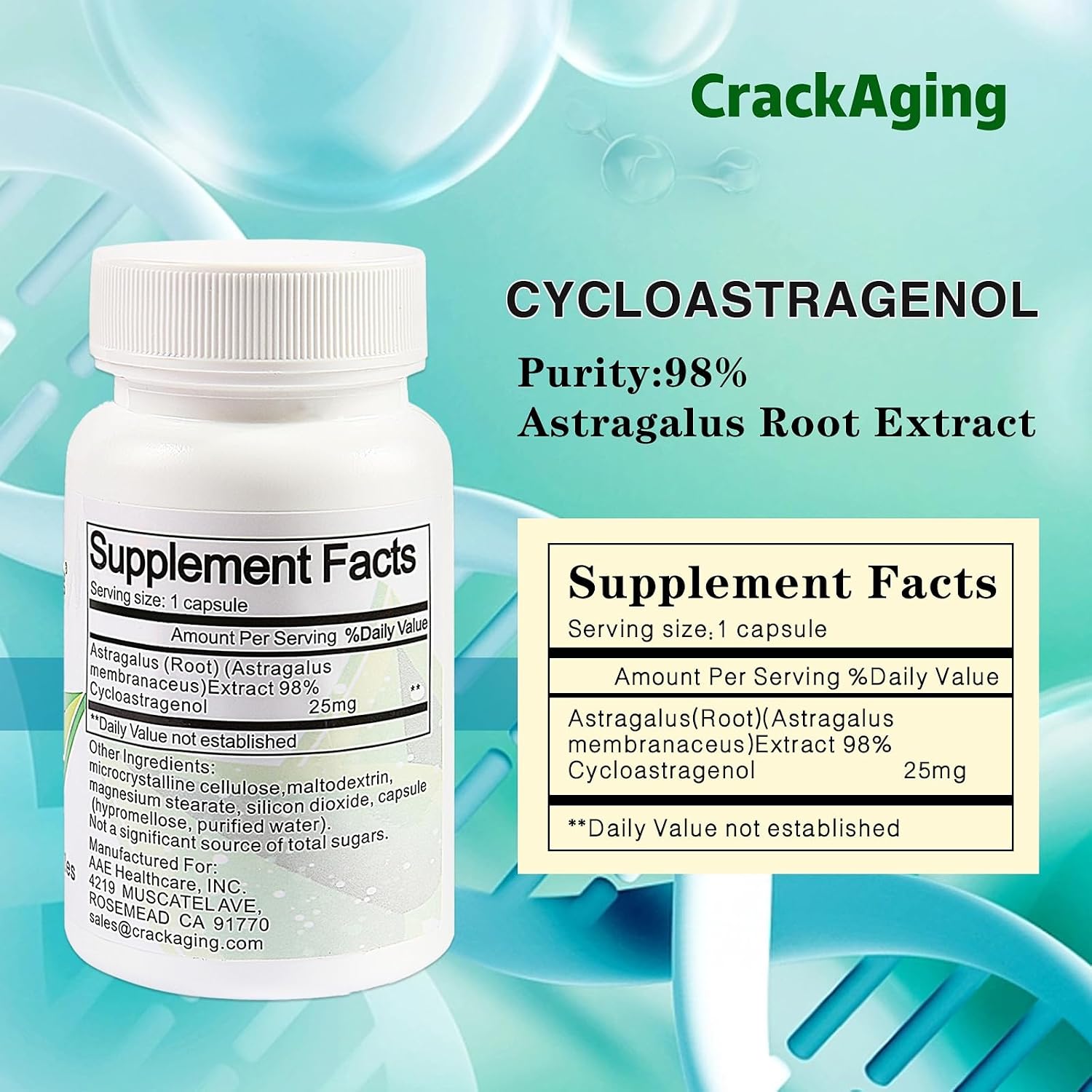 Crackaging Super-Absorption Cycloastragenol 98% 25 mg, 60 Capsules
