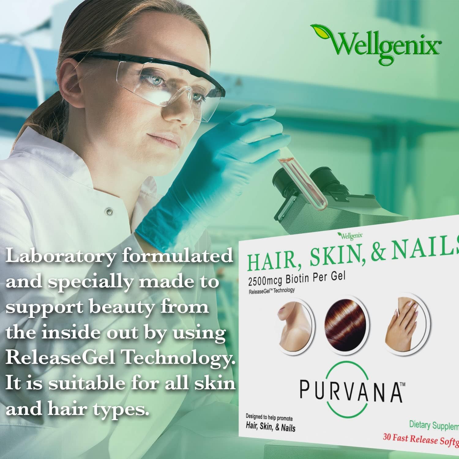 Wellgenix Purvana Hair, Skin, and Nails Supplement - 2500 mcg Biotin Softgels with MSM & B-Complex (60 Softgels, 2-Pack)