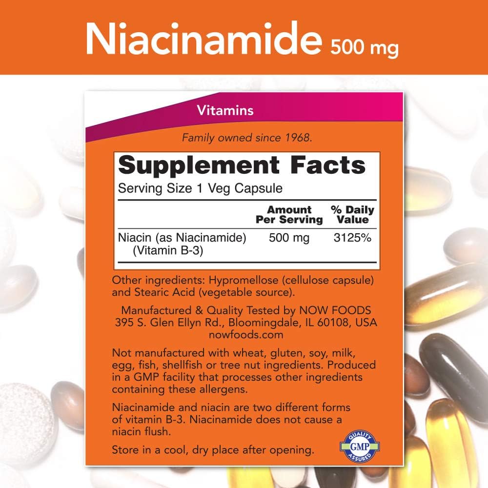 NOW Foods Niacinamide 500 mg, 100 Capsules (Pack of 4)
