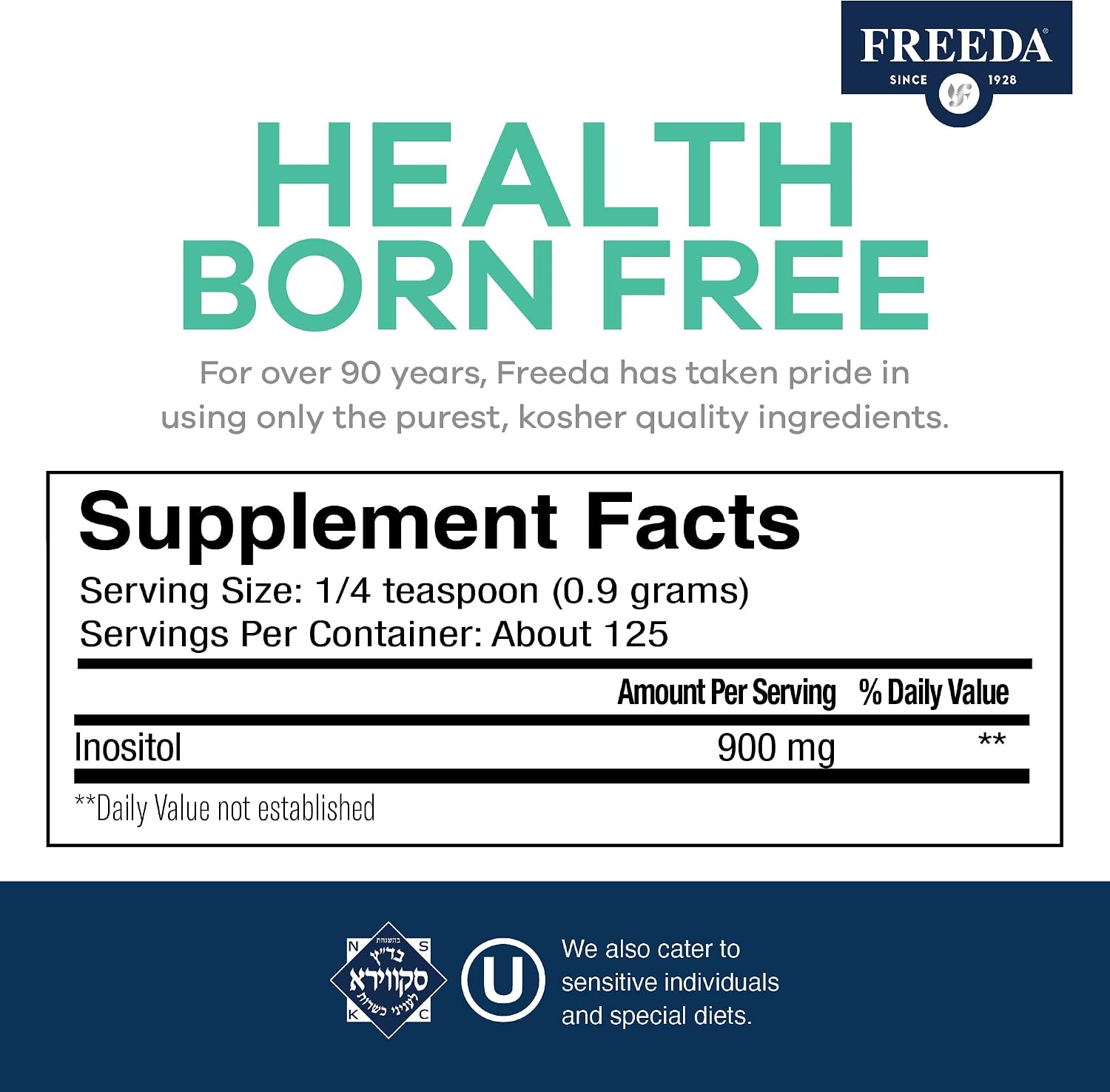 FREEDA Pure Myo-Inositol Powder – Unflavoured Single-Ingredient Inositol – 900 mg per Serving – 113 g
