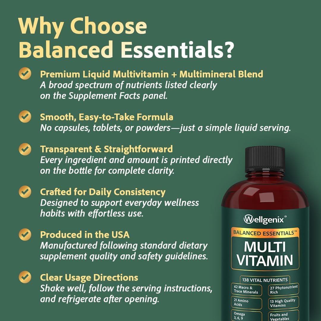 Wellgenix Balanced Essentials Liquid Multivitamin & Minerals – 32 fl oz (946 ml) – 138 Nutrients per Serving
