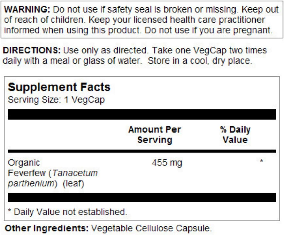 SOLARAY Feverfew Leaf 455mg | Headache Relief, Circulatory Health & Blood Vessel Support | Vegan & Non-GMO | 100 VegCaps