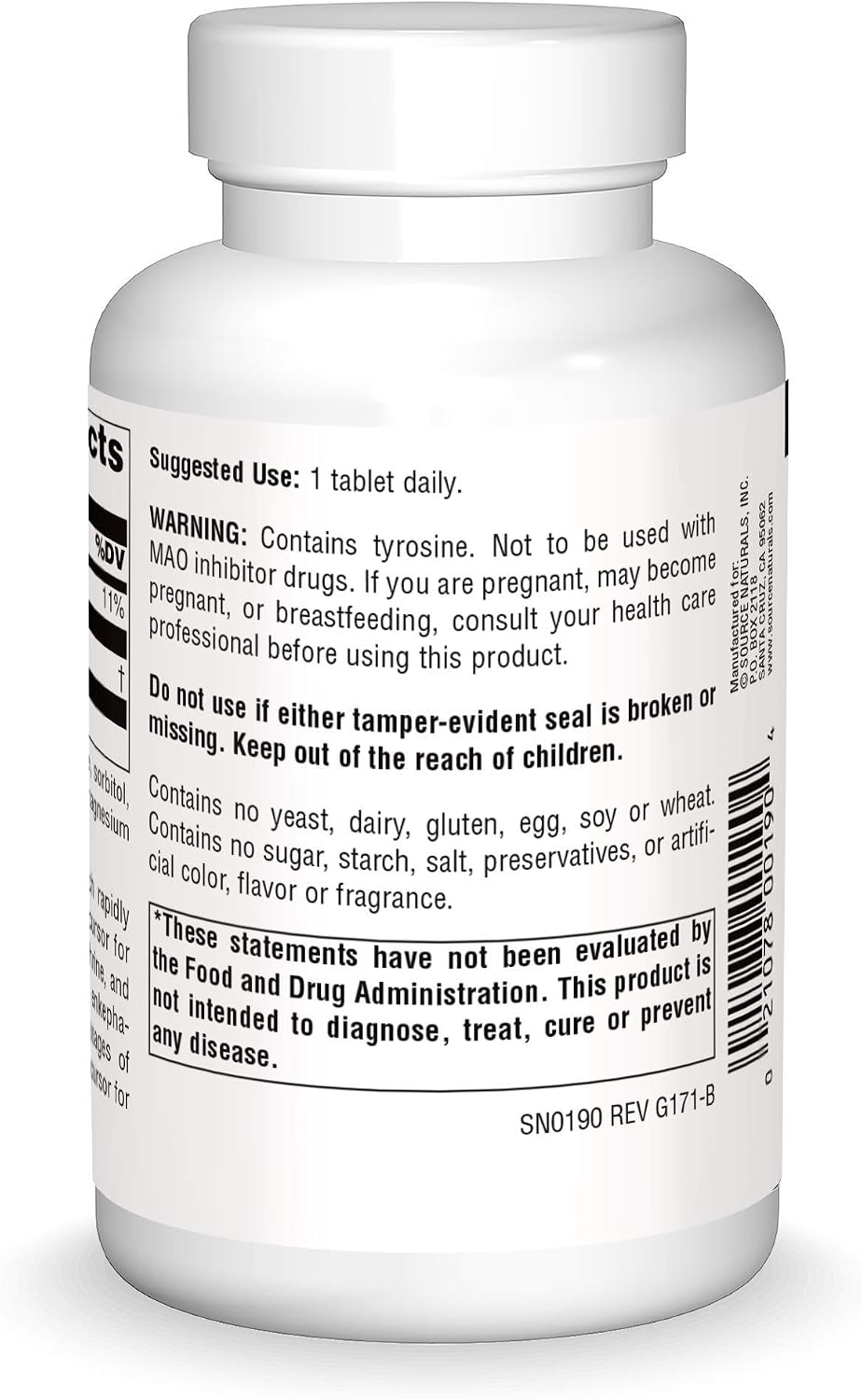Source Naturals L-Tyrosine, Free-Form Amino Acid Supplement, 100 Tablets