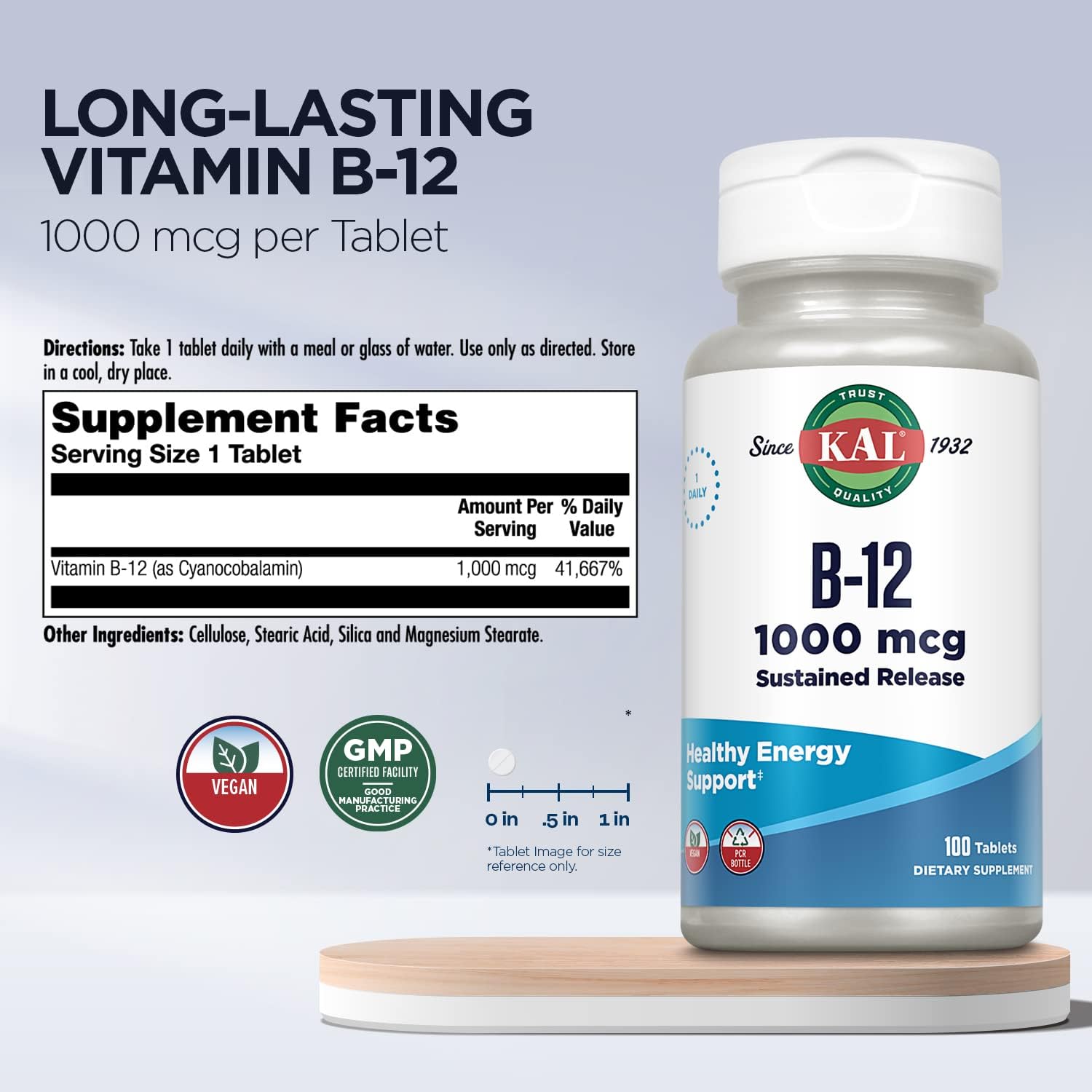 KAL Vitamin B12 1000mcg Sustained Release Tablets - Vegan, Energy Support, 100 Tablets