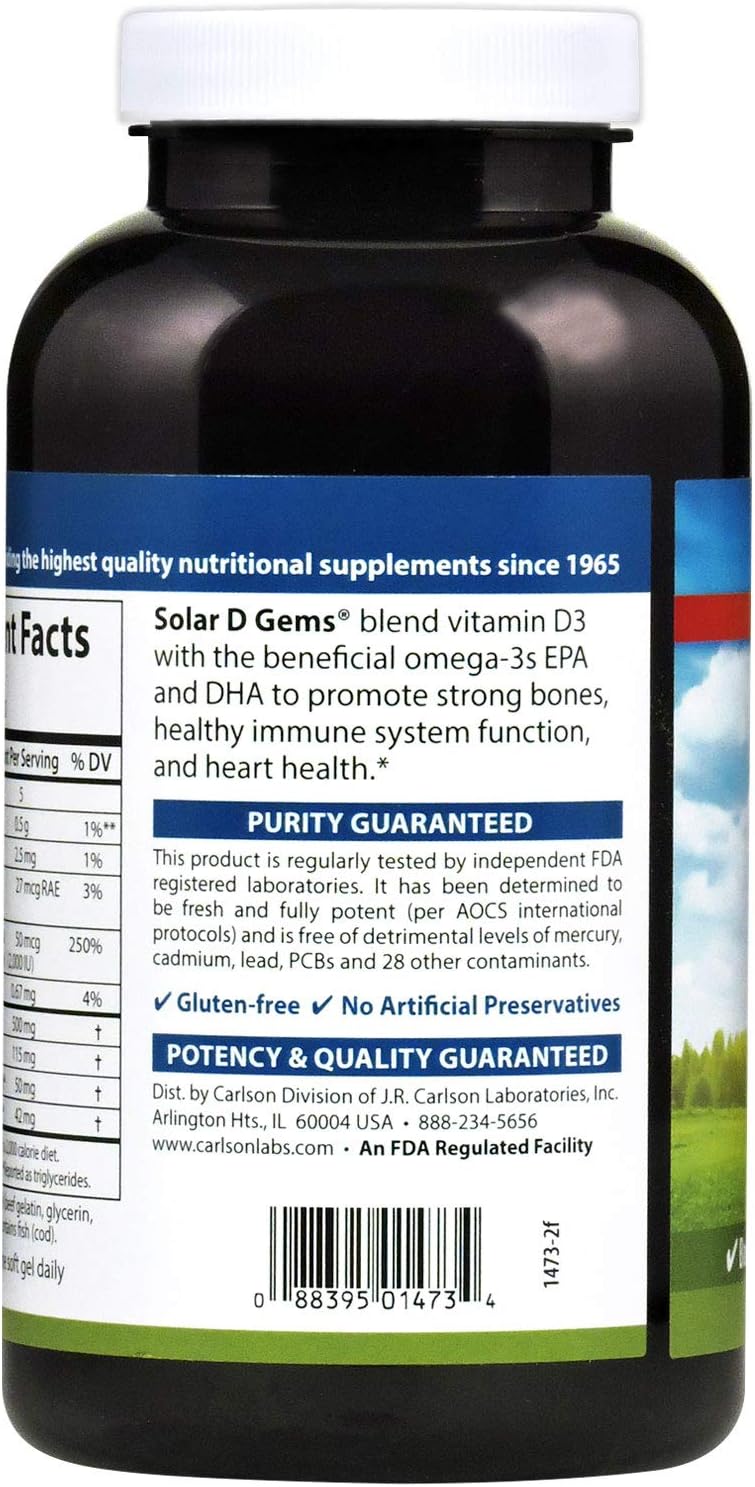 Carlson Solar D Gems - Vitamin D3 and Omega-3 Supplement, 2000 IU D3, 115 mg Omega-3s, Lemon Flavour, 360 Softgels