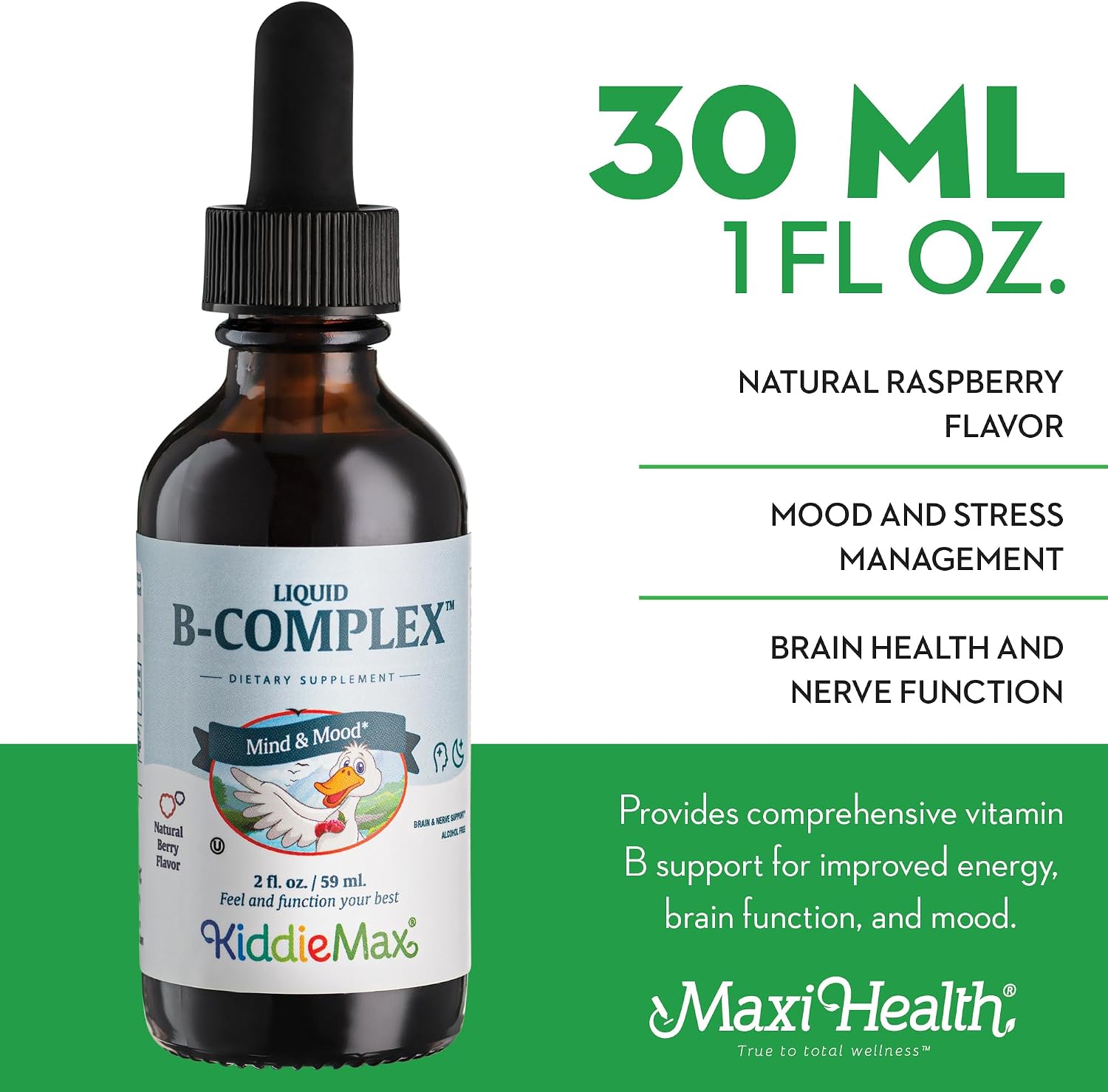Maxi Health Liquid Vitamin B Complex – 9 Essential B Vitamins with B1, B6, B12 (Methylcobalamin) – Supports Energy, Brain Function & Immune Function – Raspberry, 60 mL