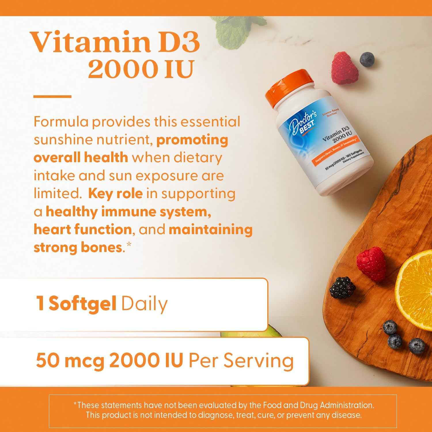 Doctor's Best Vitamin D3 2000 IU Softgels – 180 Count
