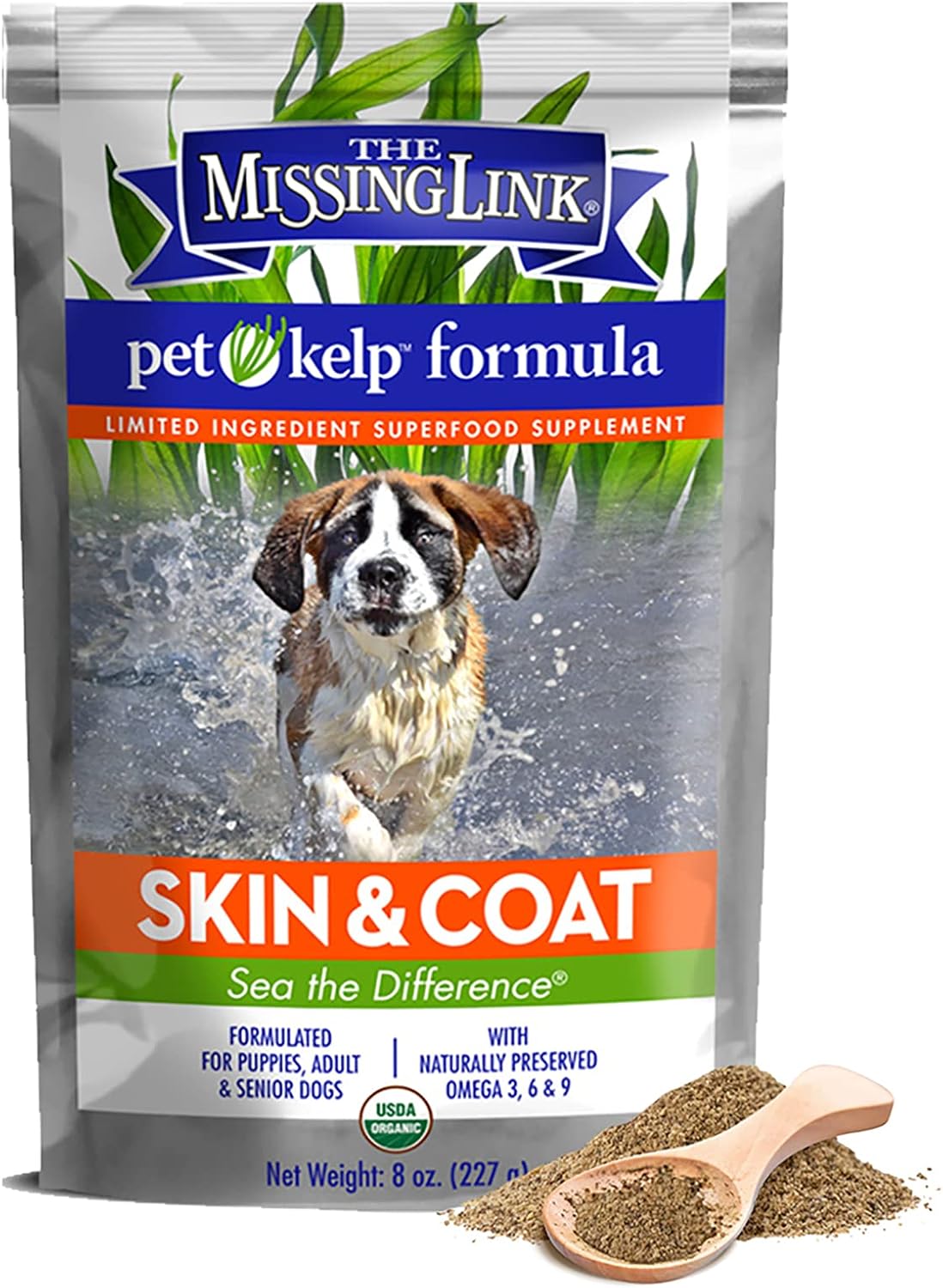 The Missing Link Pet Kelp Canine Skin & Coat 227 g (8 oz) Superfood Powdered Supplement, Organic & Limited Ingredient Formula for Dogs