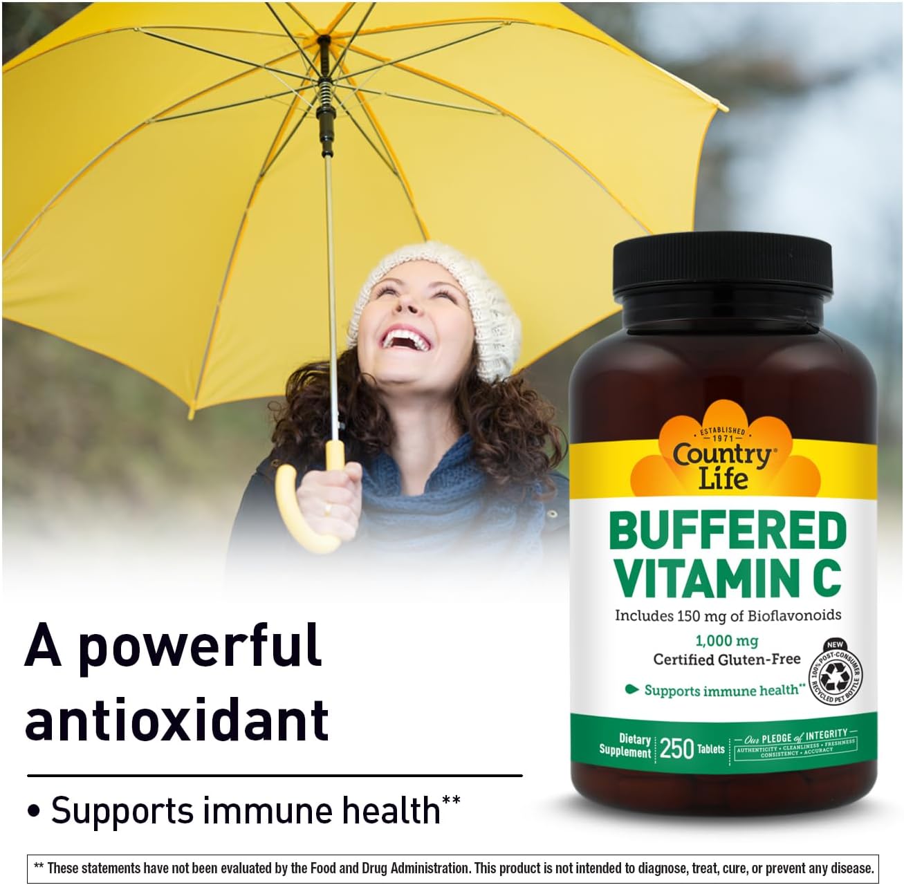 Country Life Buffered Vitamin C 1000 mg with Bioflavonoids, Calcium, Magnesium, Potassium - Immune Support, Vegan, Gluten-Free - 250 Tablets