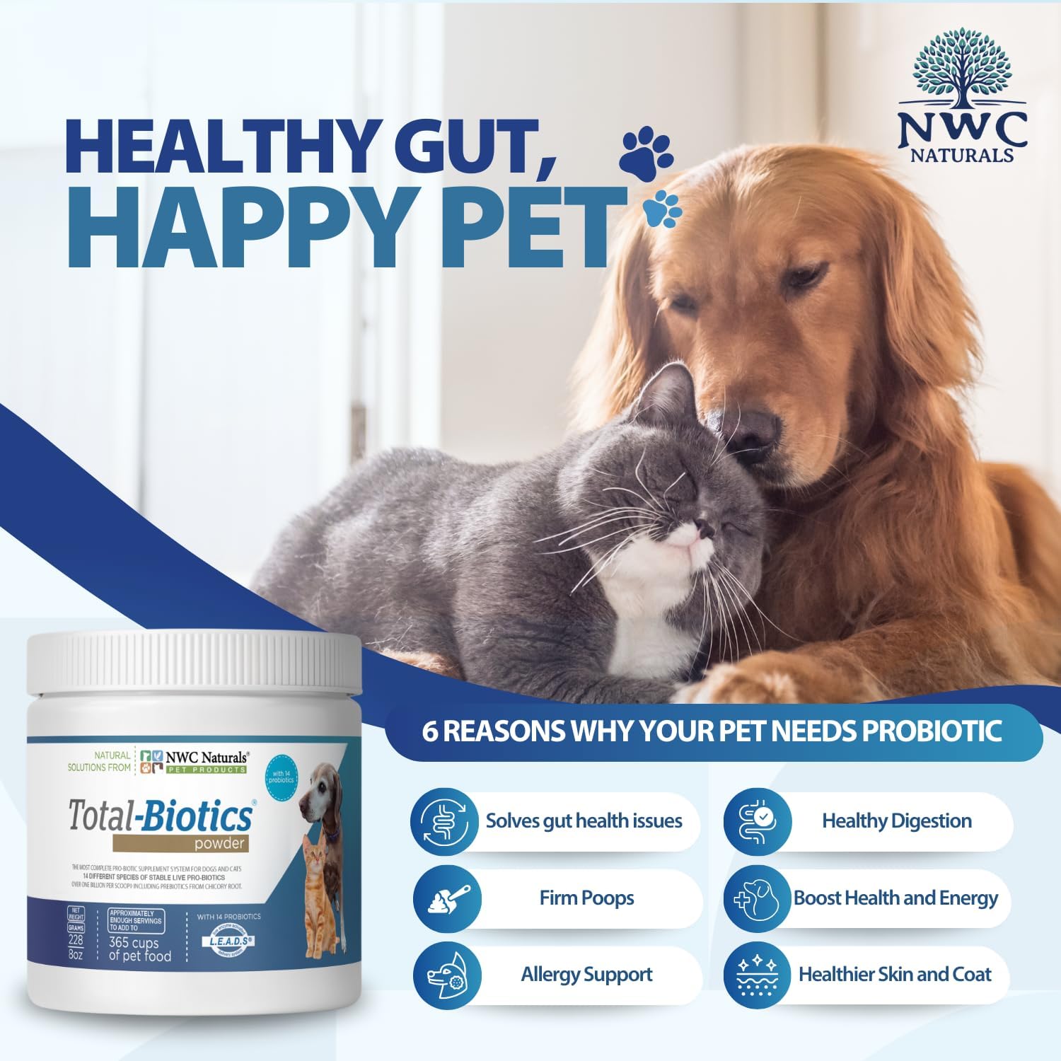NWC Naturals Total-Biotics Probiotic for Dogs and Cats – Unflavoured Powder, 227 g (365 Servings)