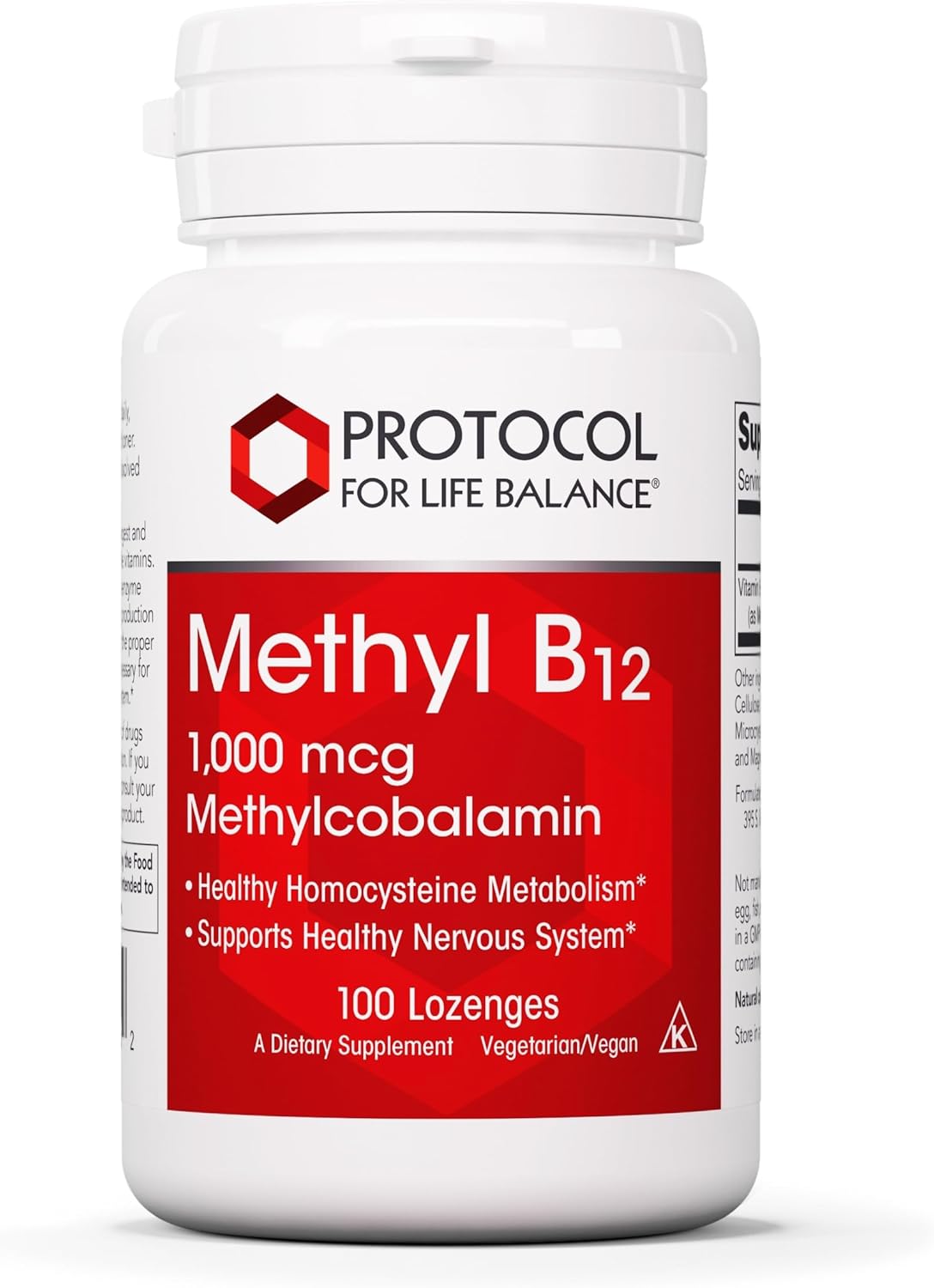 PROTOCOL FOR LIFE BALANCE Methyl B12 1,000mcg - Vitamin B12 for Homocysteine Metabolism and Brain Health - Vegan, Kosher, Halal Lozenges (100 Count)