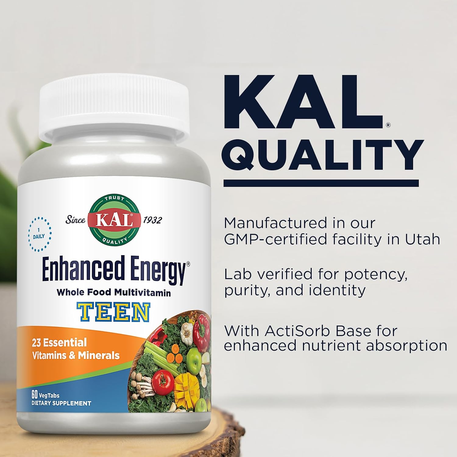 KAL Teens Enhanced Energy Multivitamin – Once Daily Whole Food with Iron – 60 Tablets