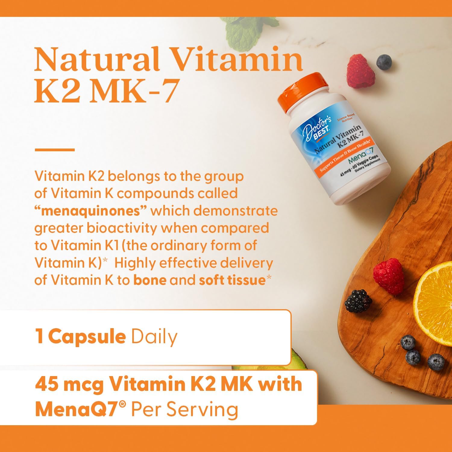 Doctor's Best Vitamin K2 MK7 Supplement with MenaQ7 – 45 mcg, 60 Vegan Capsules