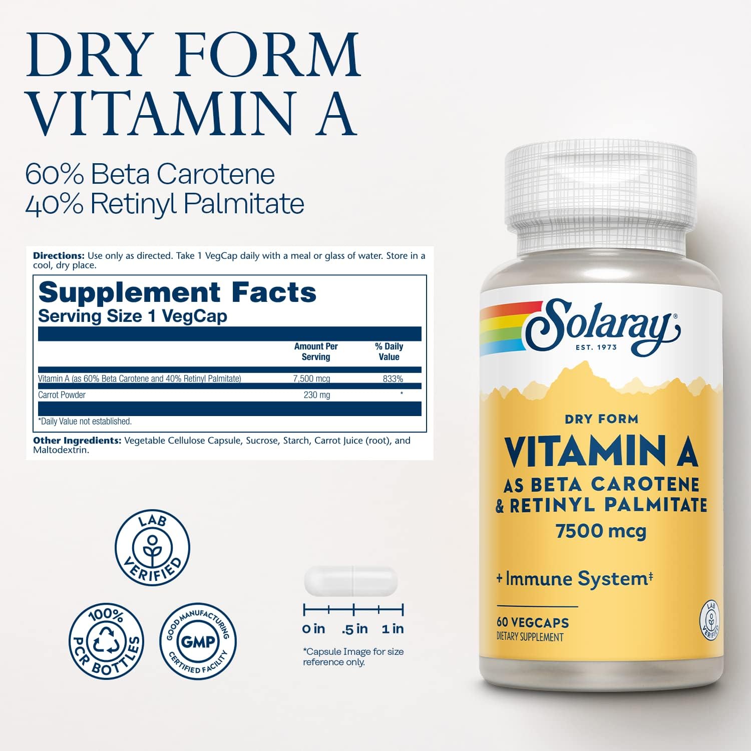 SOLARAY Dry Form Vitamin A - Beta Carotene and Retinyl Palmitate - 60 Vegetable Capsules