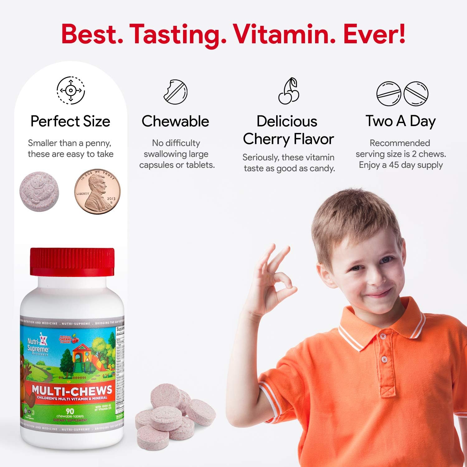 Delicious Kids Multivitamin – 90 Vegetarian Gummies – Complete Children’s Supplement with Vitamins A, C, D3, Calcium, Iron, Folic Acid, Zinc – Cherry Flavour