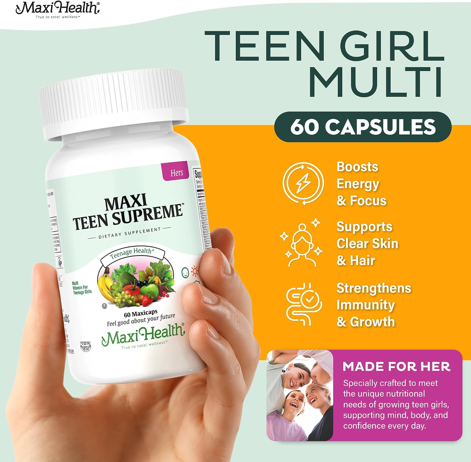 Maxi Health Teen Supreme Multivitamin for Girls 12-17 – 60 Count