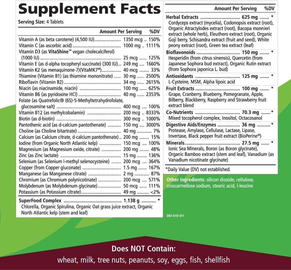 PURE ESSENCE LABS LifeEssence Multivitamin for Women and Men - Natural Herbal Supplement with Vitamin D, B12, Biotin - 120 Tablets