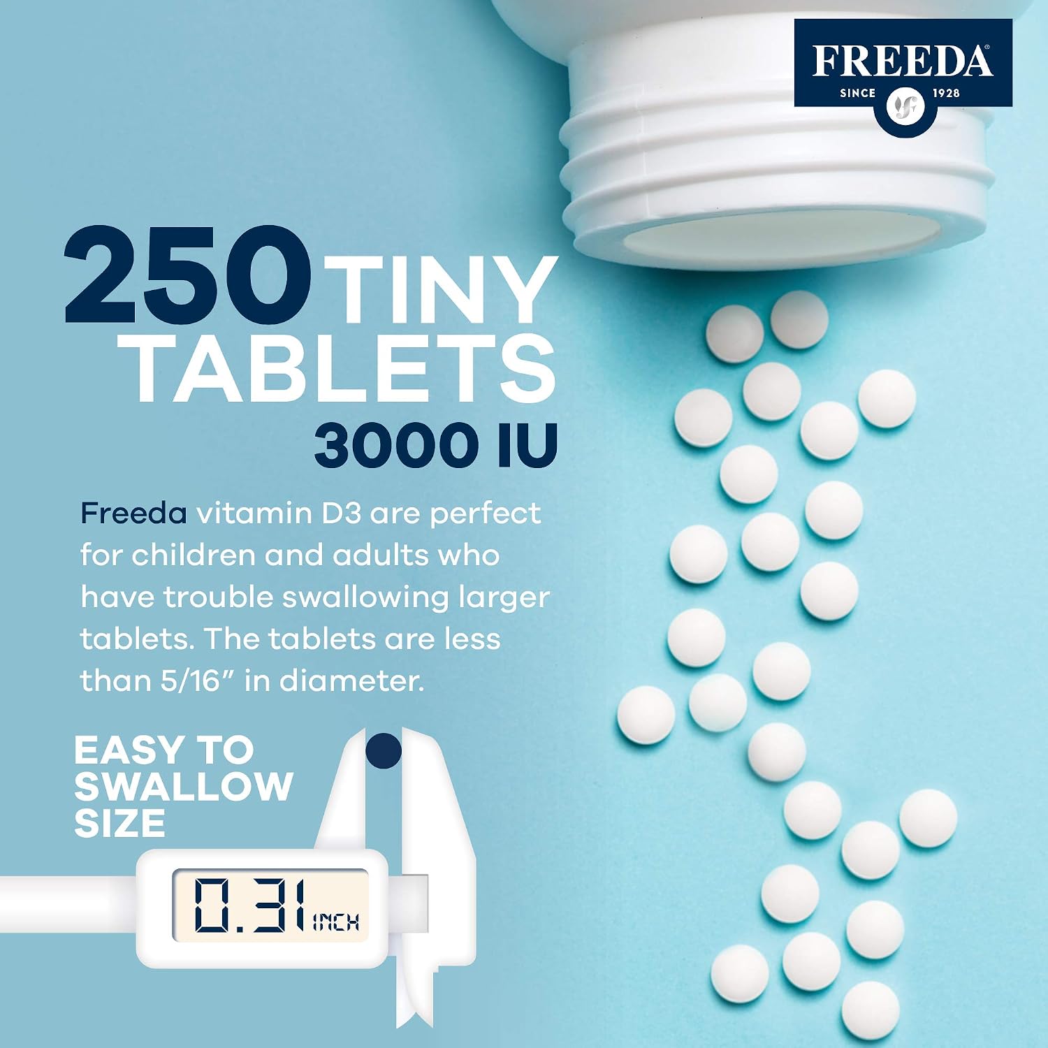 FREEDA Pure Vitamin D3 3000 IU – Daily Strength – Supports Bone, Muscle & Immune Health – 75 mcg (3,000 IU) Easy-to-Swallow Tiny Tablets (250 Count)
