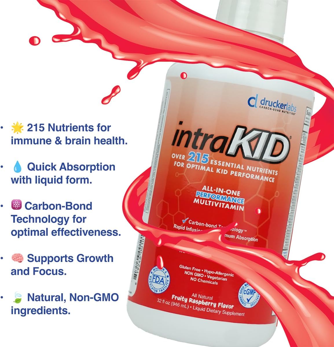 intraKID Organic Liquid Multivitamin for Kids, Fruity Raspberry, 946 mL