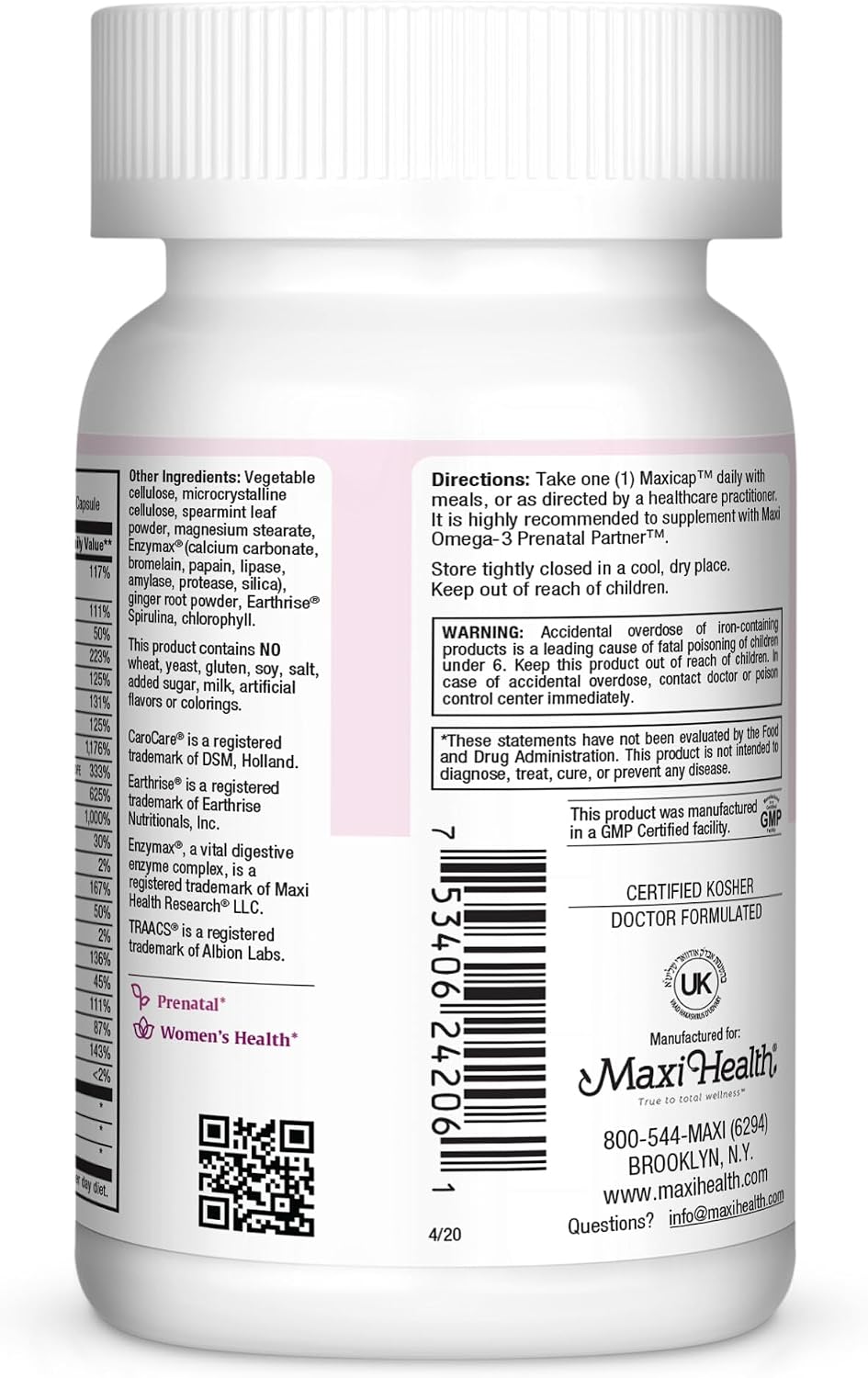 Maxi Health Prenatal Vitamins – Complete Pregnancy Multivitamin with Folic Acid, Iron, Vitamin D3, B12, Zinc & Biotin – 120 Capsules