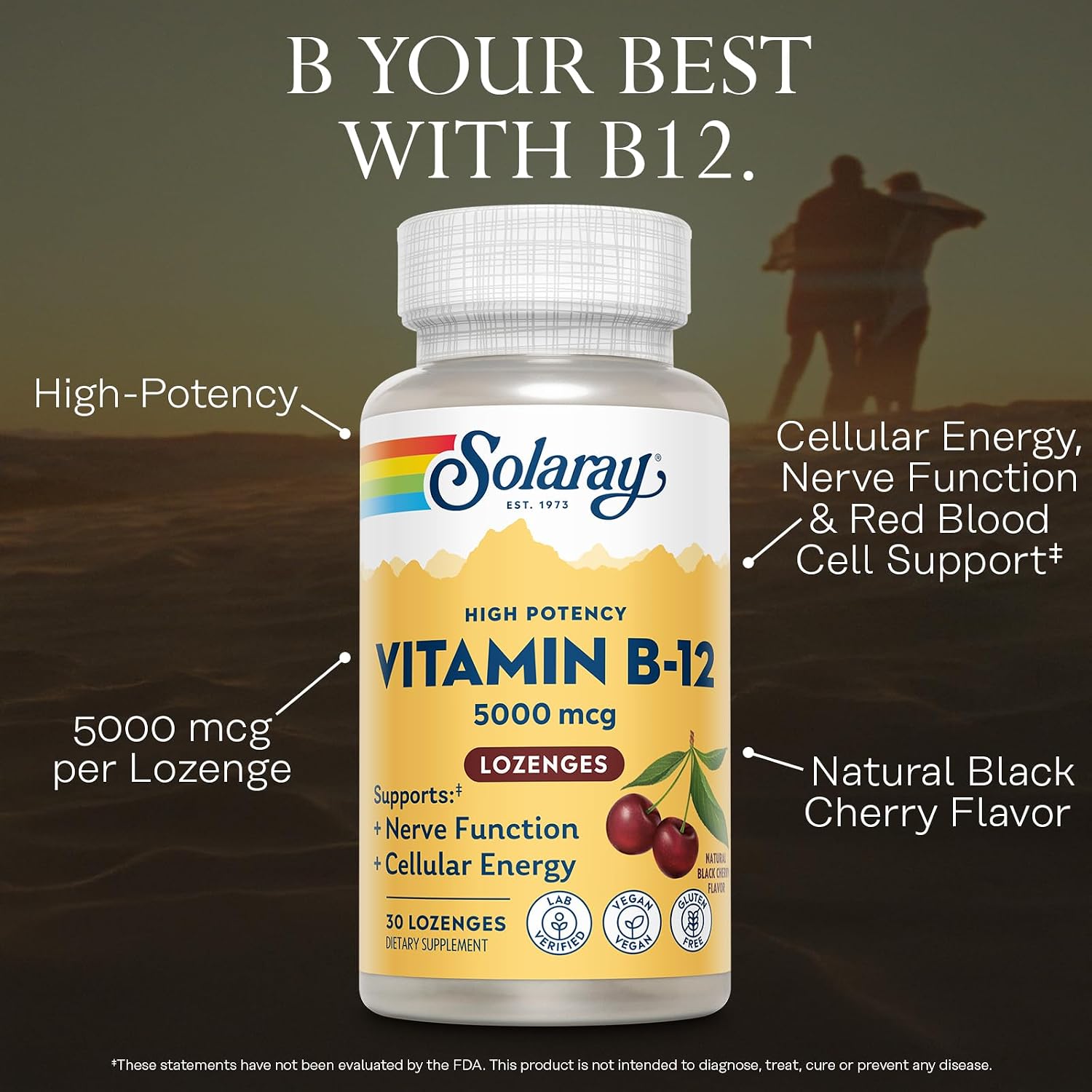 Solaray Vitamin B12 5000mcg Lozenges - Methylcobalamin for Energy & Nerve Health, Natural Cherry, 30 Count