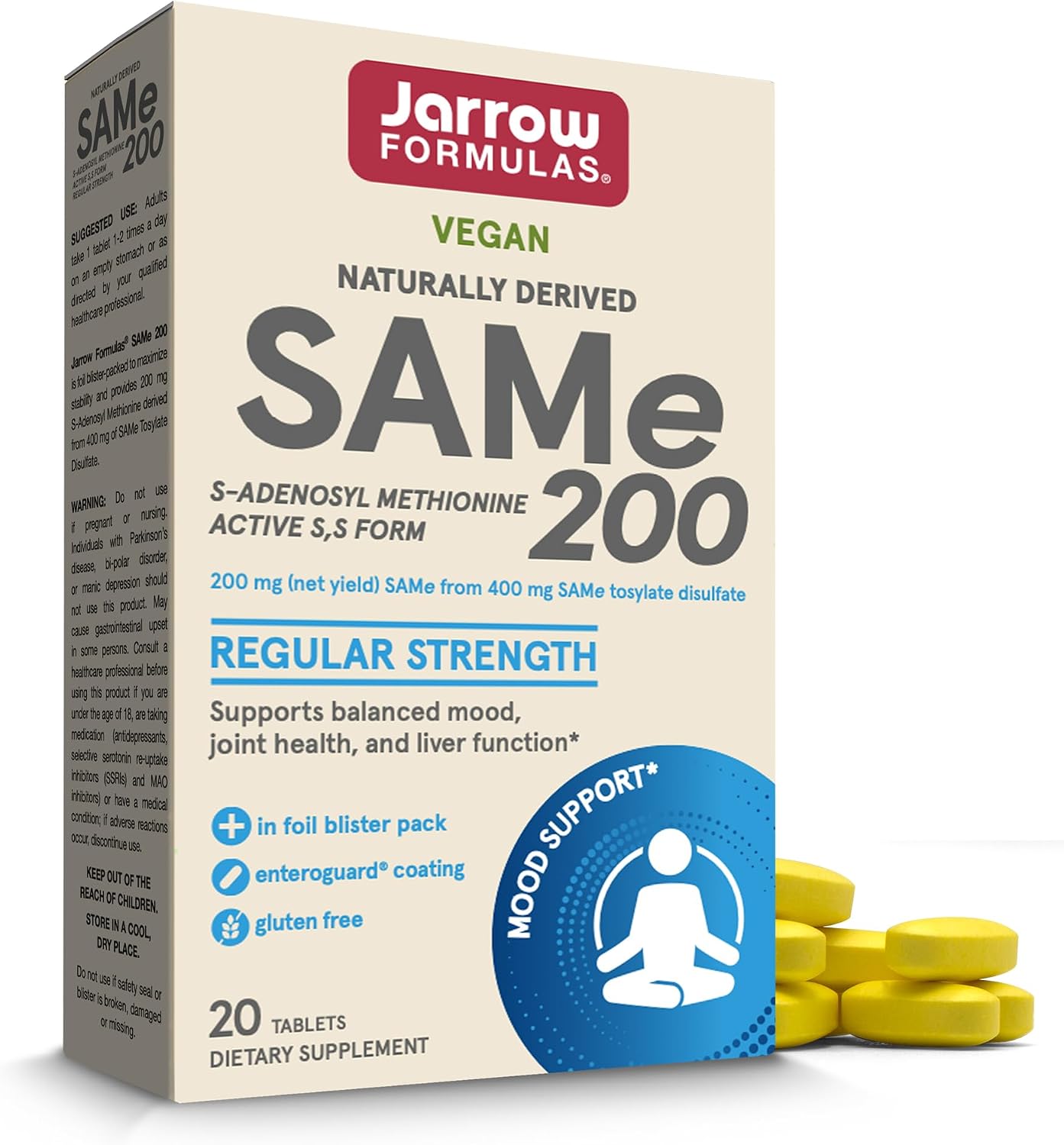 Jarrow Formulas SAMe 200 mg – Joint Support, Liver Health, and Brain Function, 20 Enteric-Coated Tablets