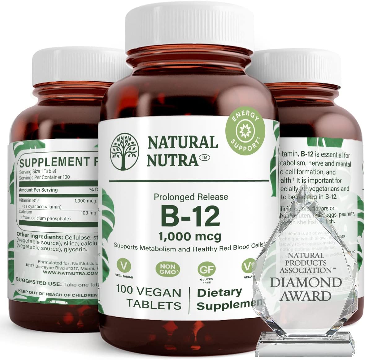 Natural Nutra Vitamin B12 1000 mcg, Cobalamin B12 Supplement, Calcium Phosphate, Supports Metabolism Health, Nervous System Support, Optimal Absorption, Gluten-Free, Sugar-Free, 60 Vegan Tablets