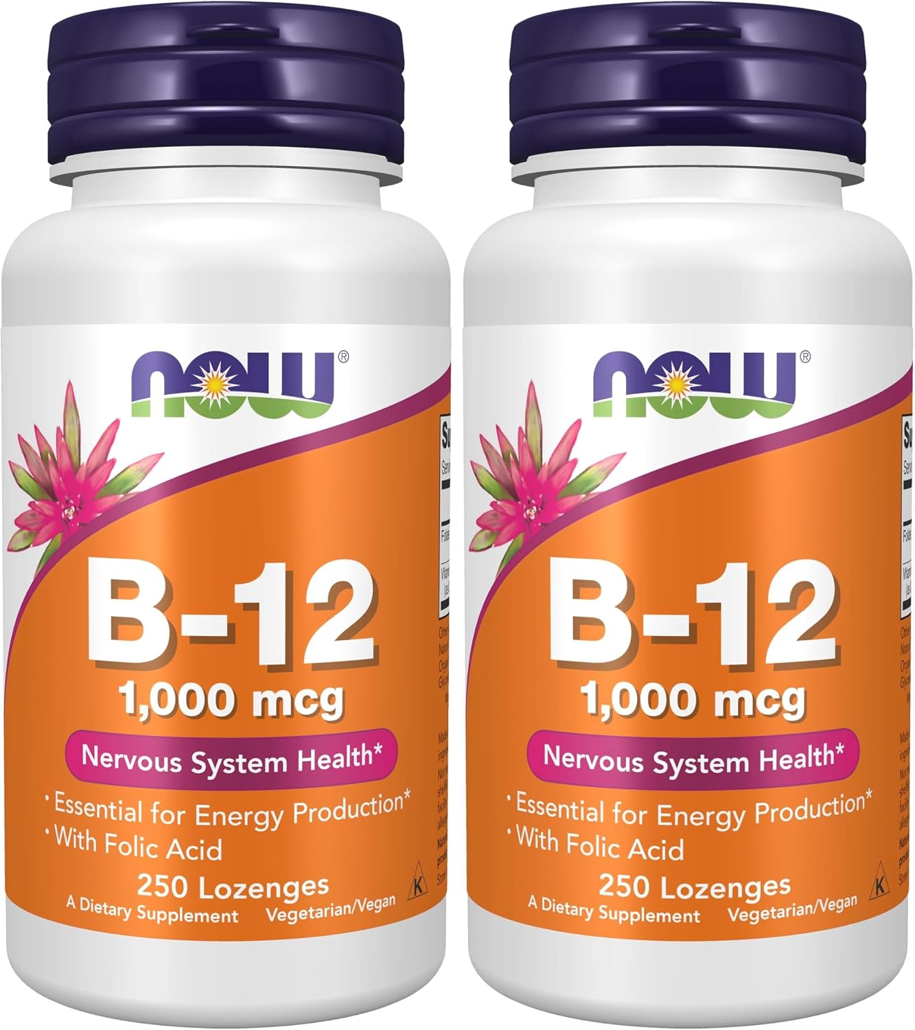 NOW Foods Vitamin B-12 1,000 mcg with Folic Acid, Nervous System Health, 250 Chewable Lozenges